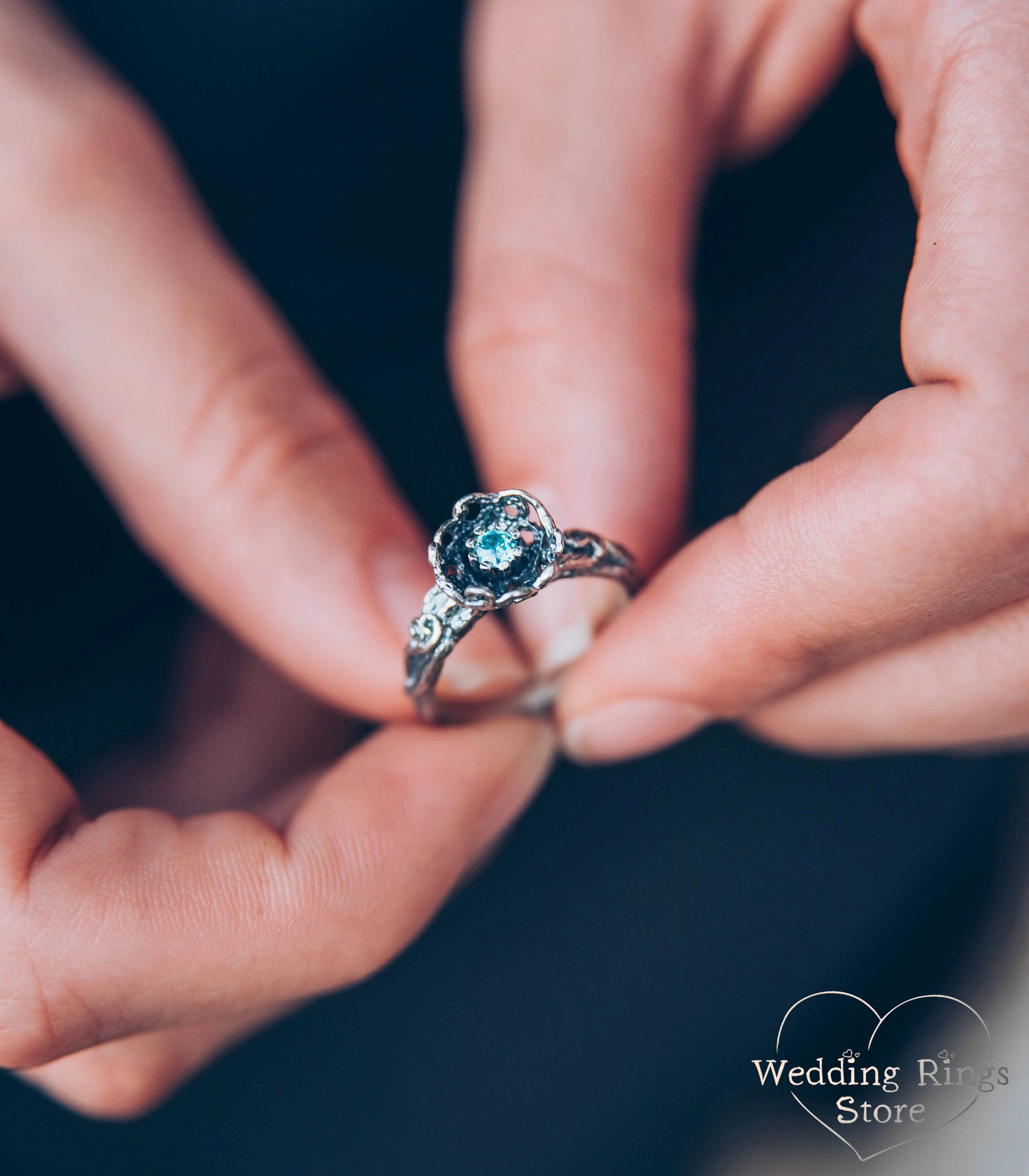 Unique Handmade Silver Floral Ring with dainty Swiss Topaz