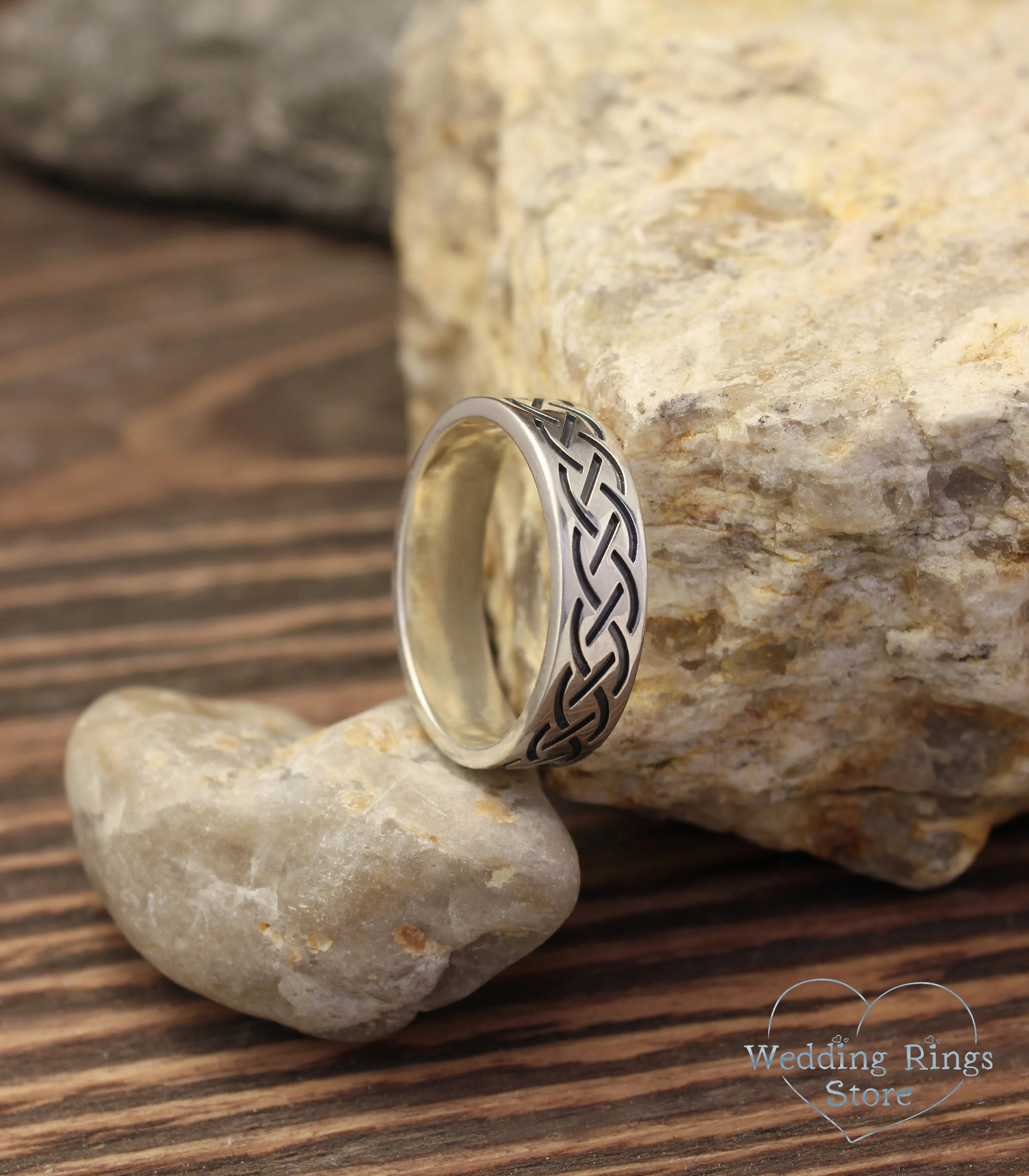 Mens Silver Engraved pattern Celtic Wedding Band