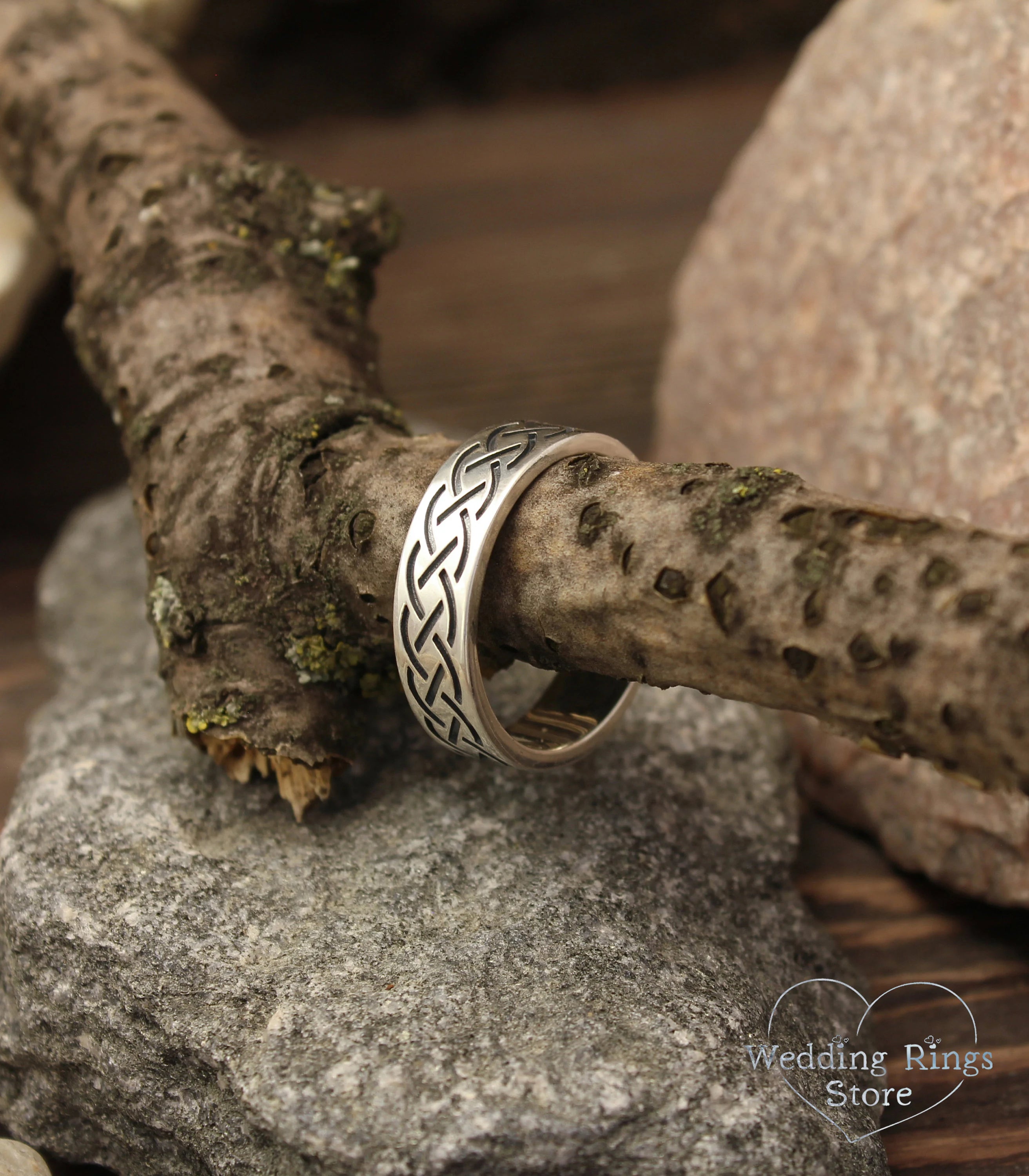 Mens Silver Engraved pattern Celtic Wedding Band