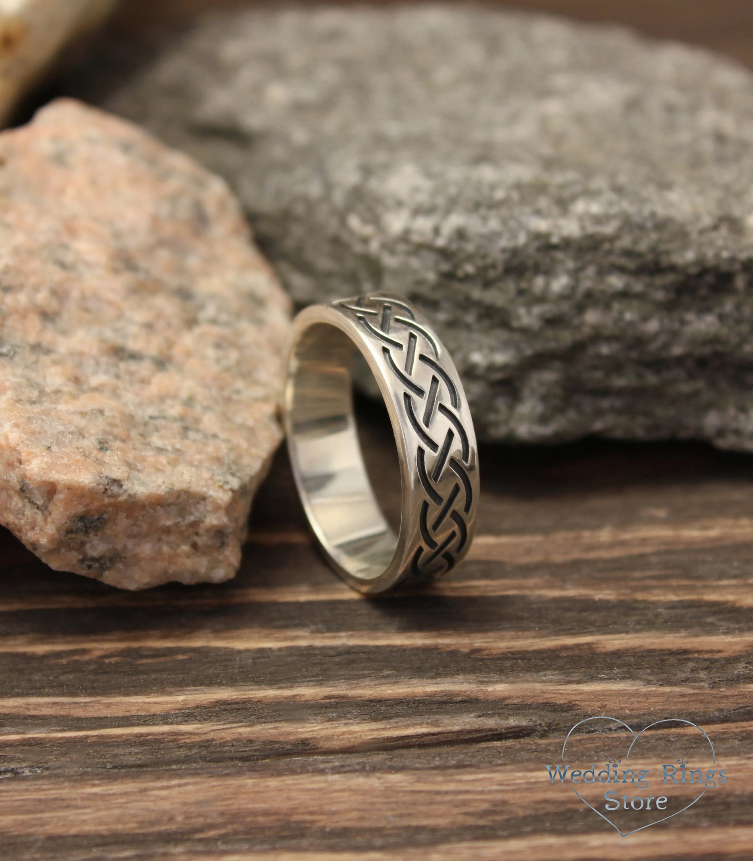 Mens Silver Engraved pattern Celtic Wedding Band