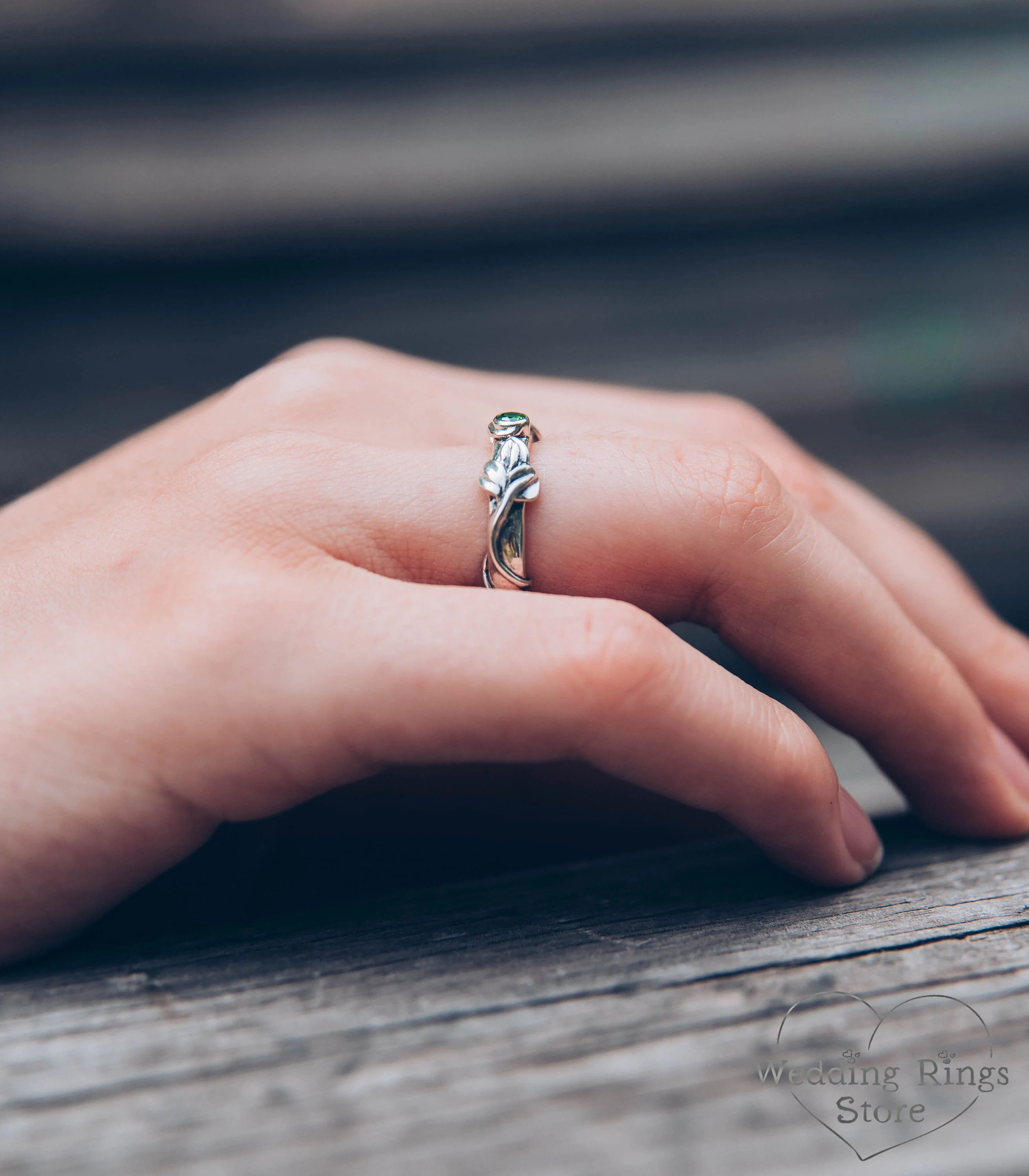 Emerald Gemstone dainty Women's Silver Engagement Ring