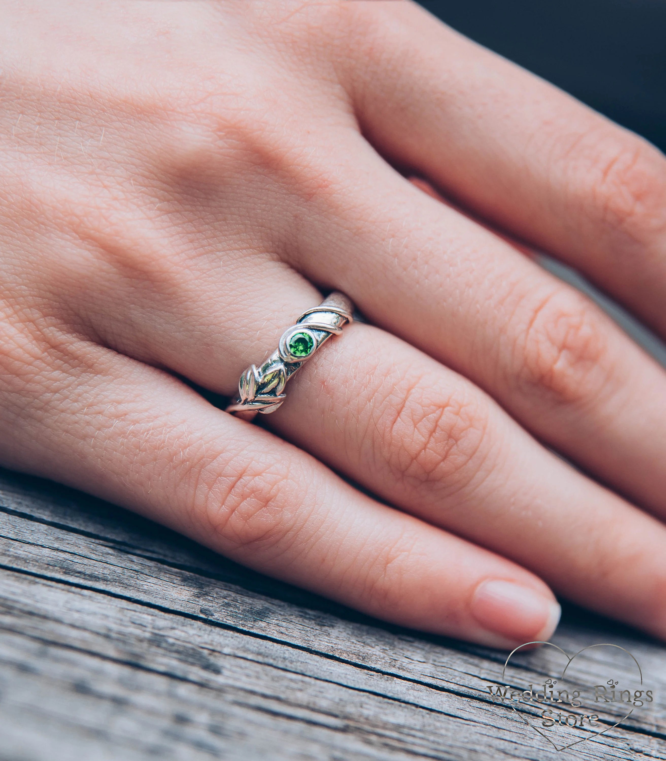 Emerald Gemstone dainty Women's Silver Engagement Ring