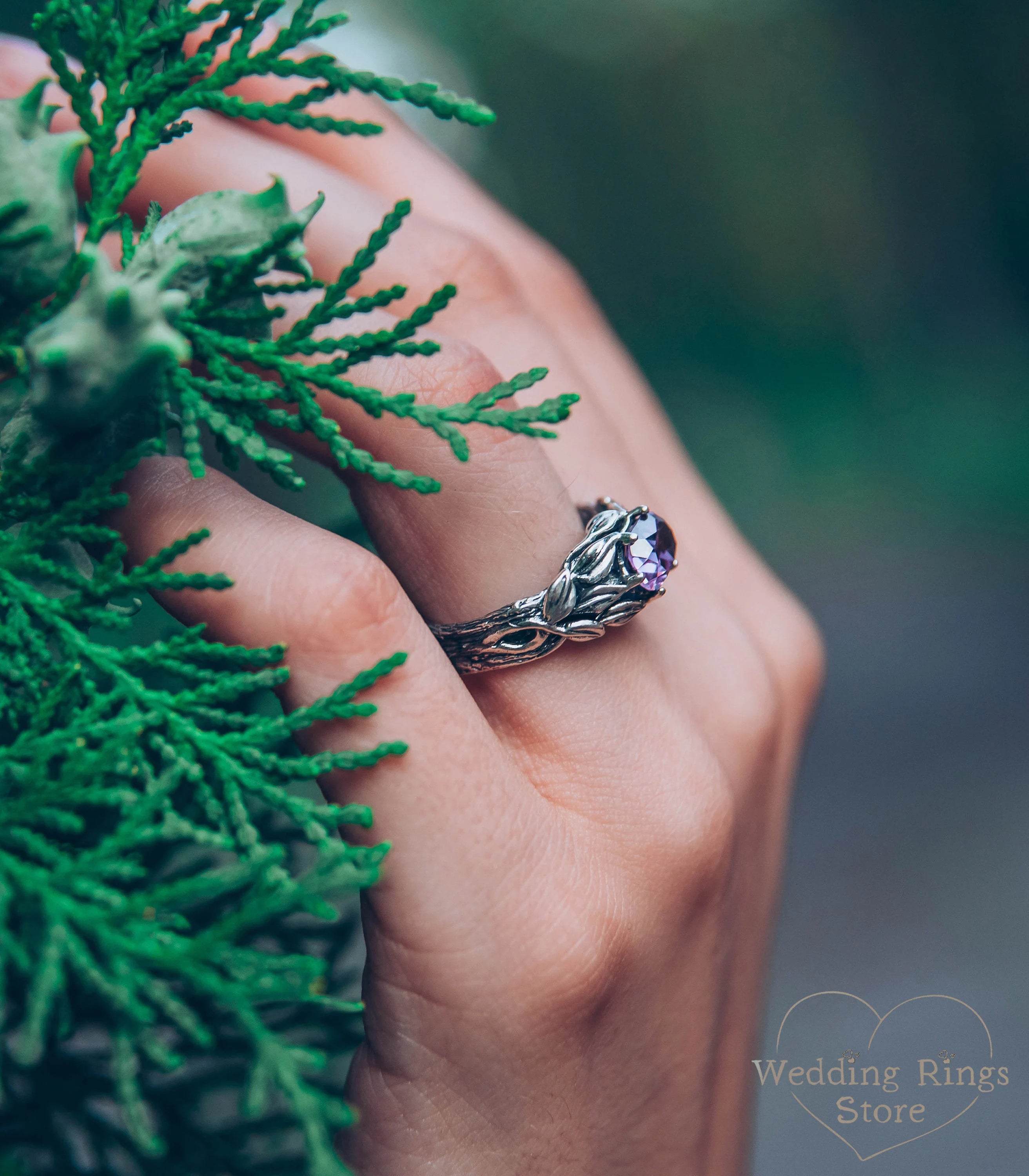 Horizontal oval Amethyst Branch Engagement Ring with Leaves