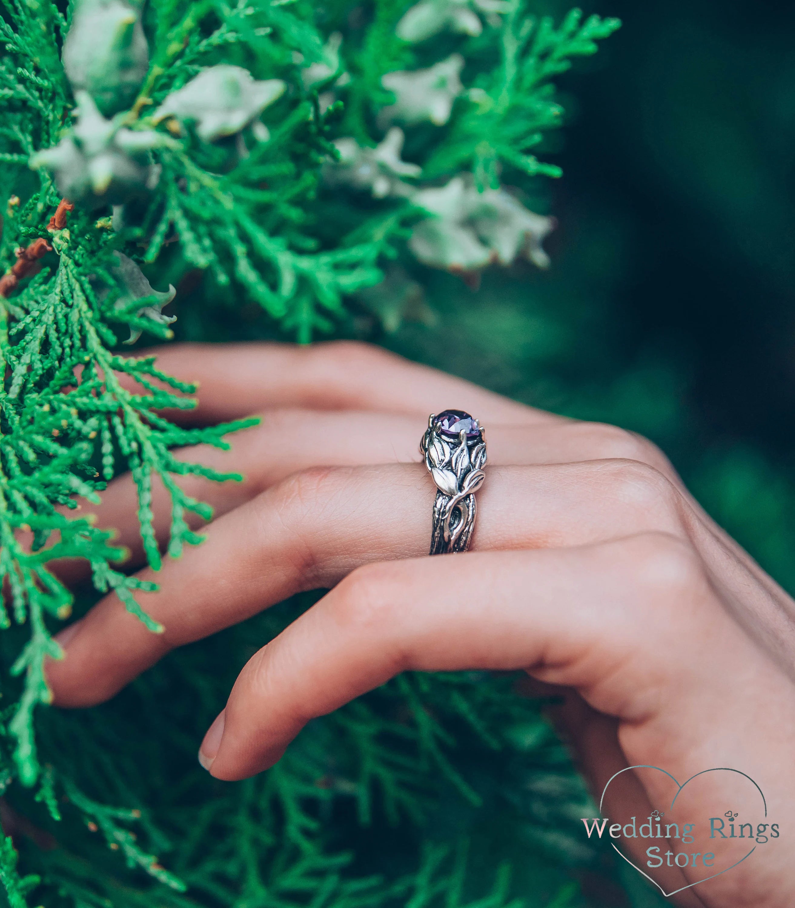 Horizontal oval Amethyst Branch Engagement Ring with Leaves