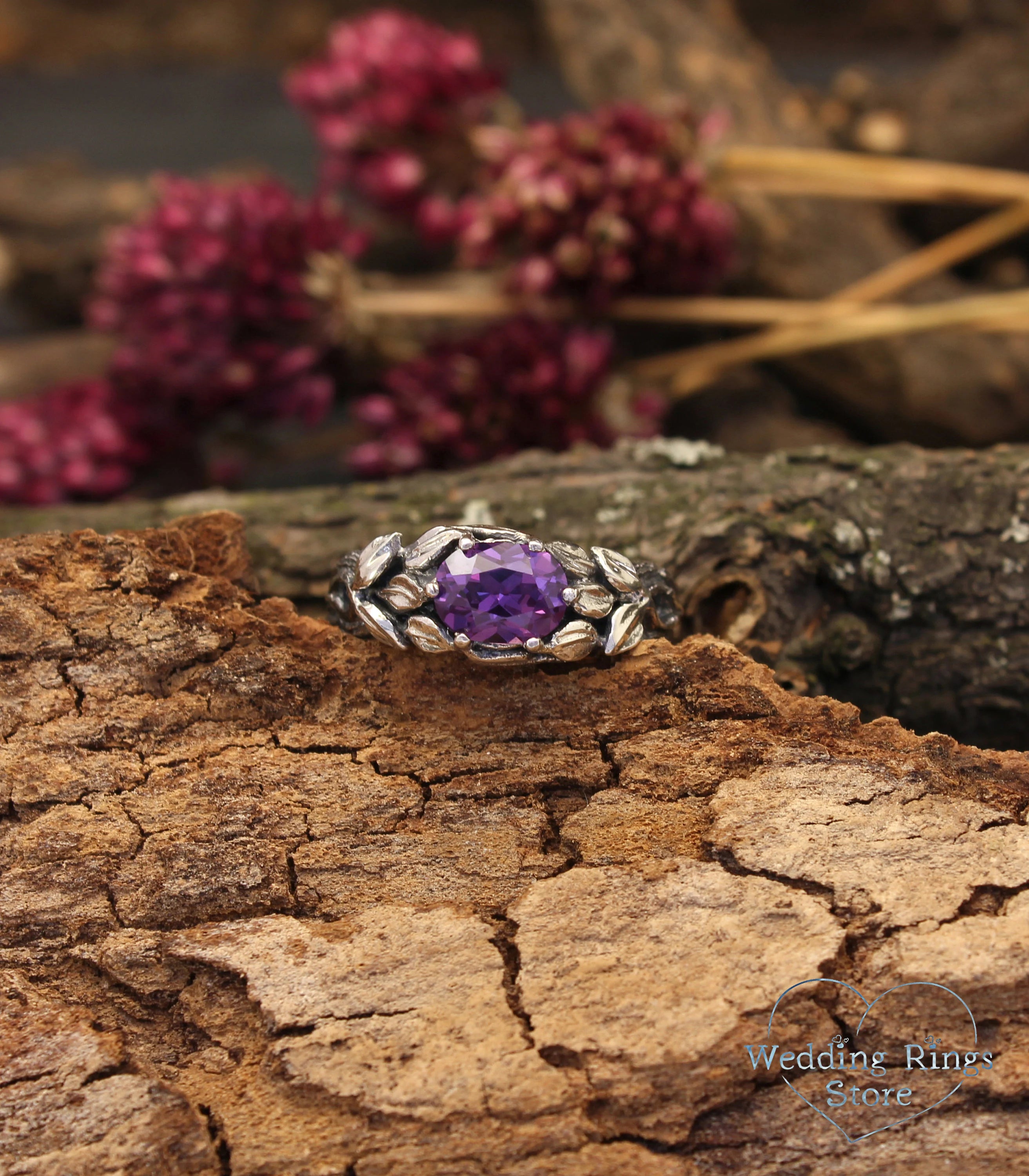 Horizontal oval Amethyst Branch Engagement Ring with Leaves