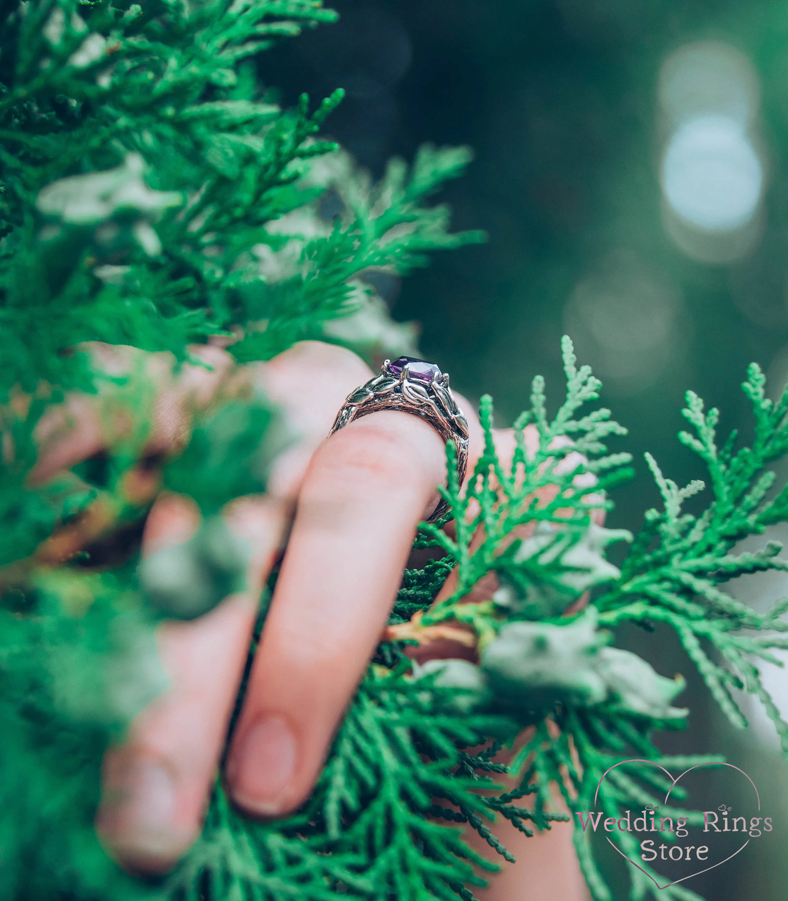 Horizontal oval Amethyst Branch Engagement Ring with Leaves