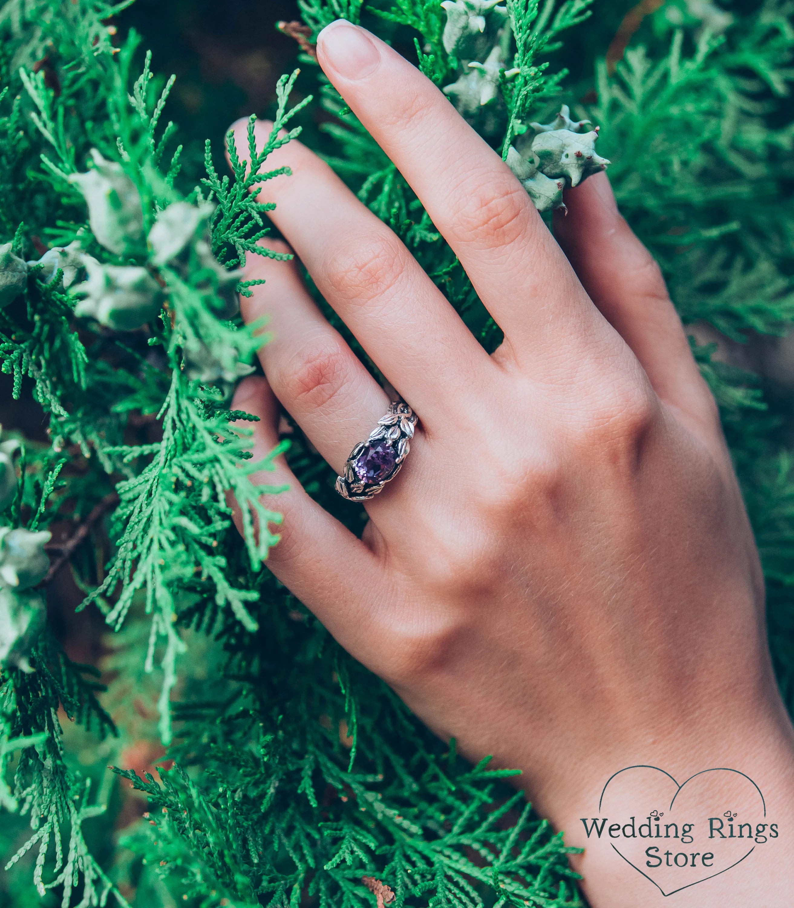 Horizontal oval Amethyst Branch Engagement Ring with Leaves