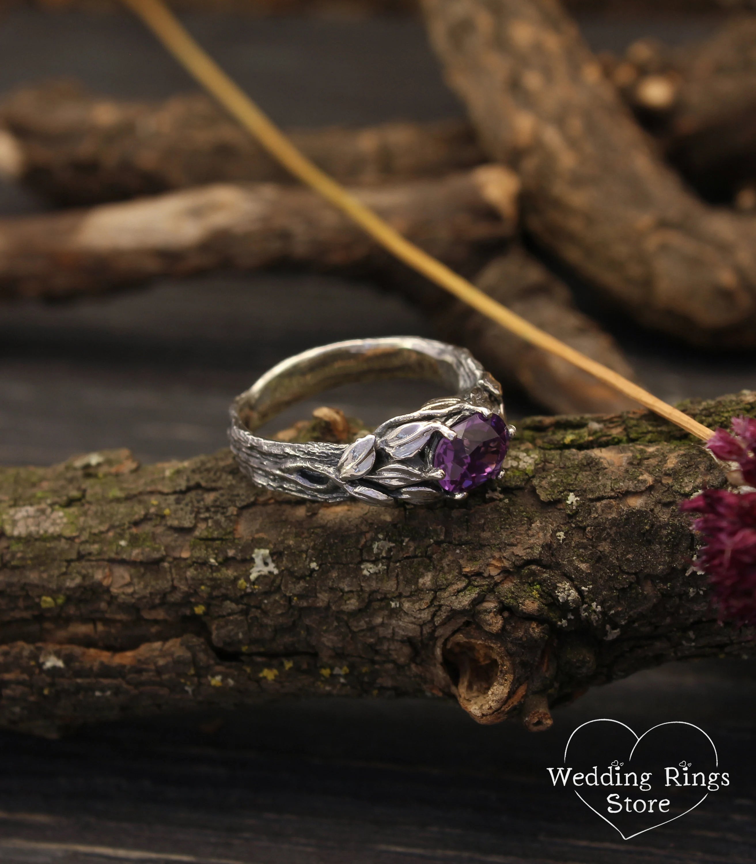 Horizontal oval Amethyst Branch Engagement Ring with Leaves