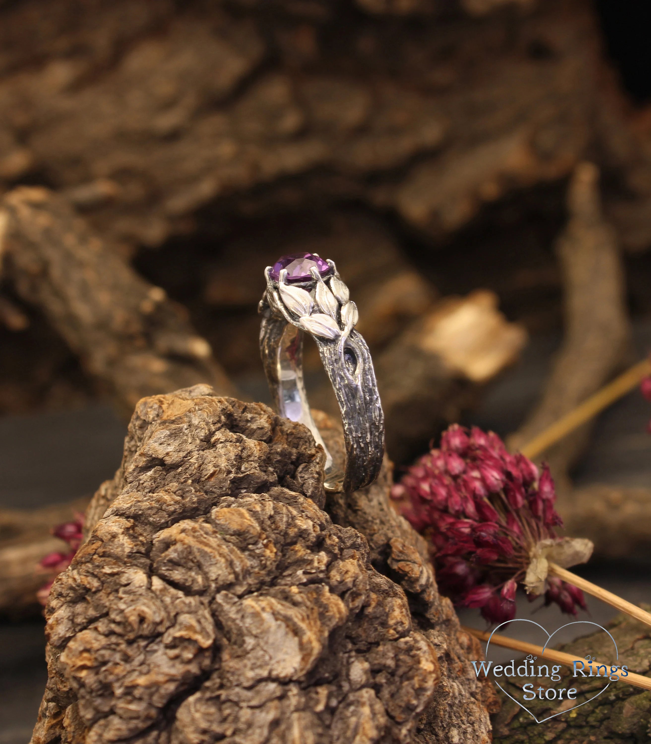 Horizontal oval Amethyst Branch Engagement Ring with Leaves