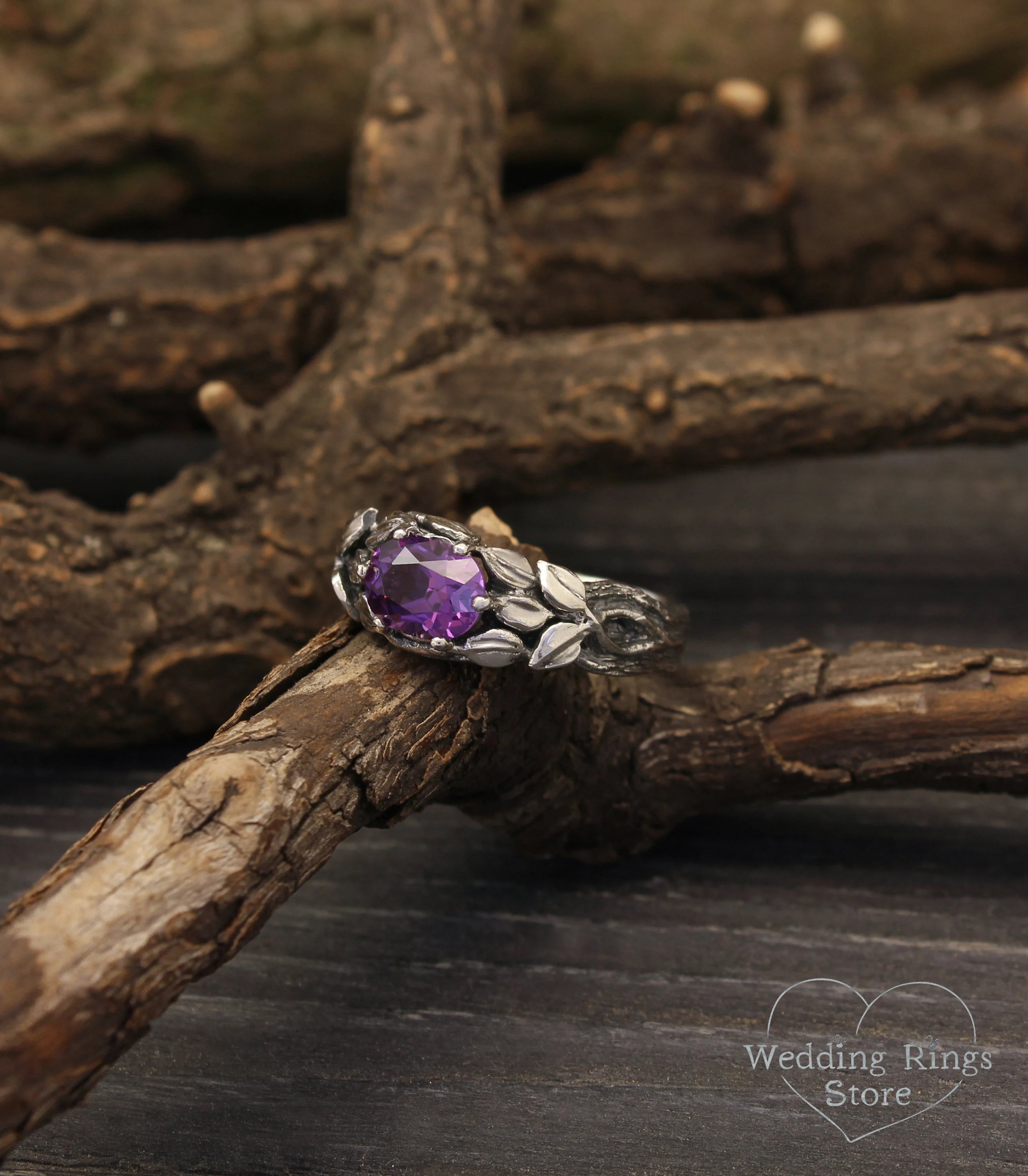 Horizontal oval Amethyst Branch Engagement Ring with Leaves