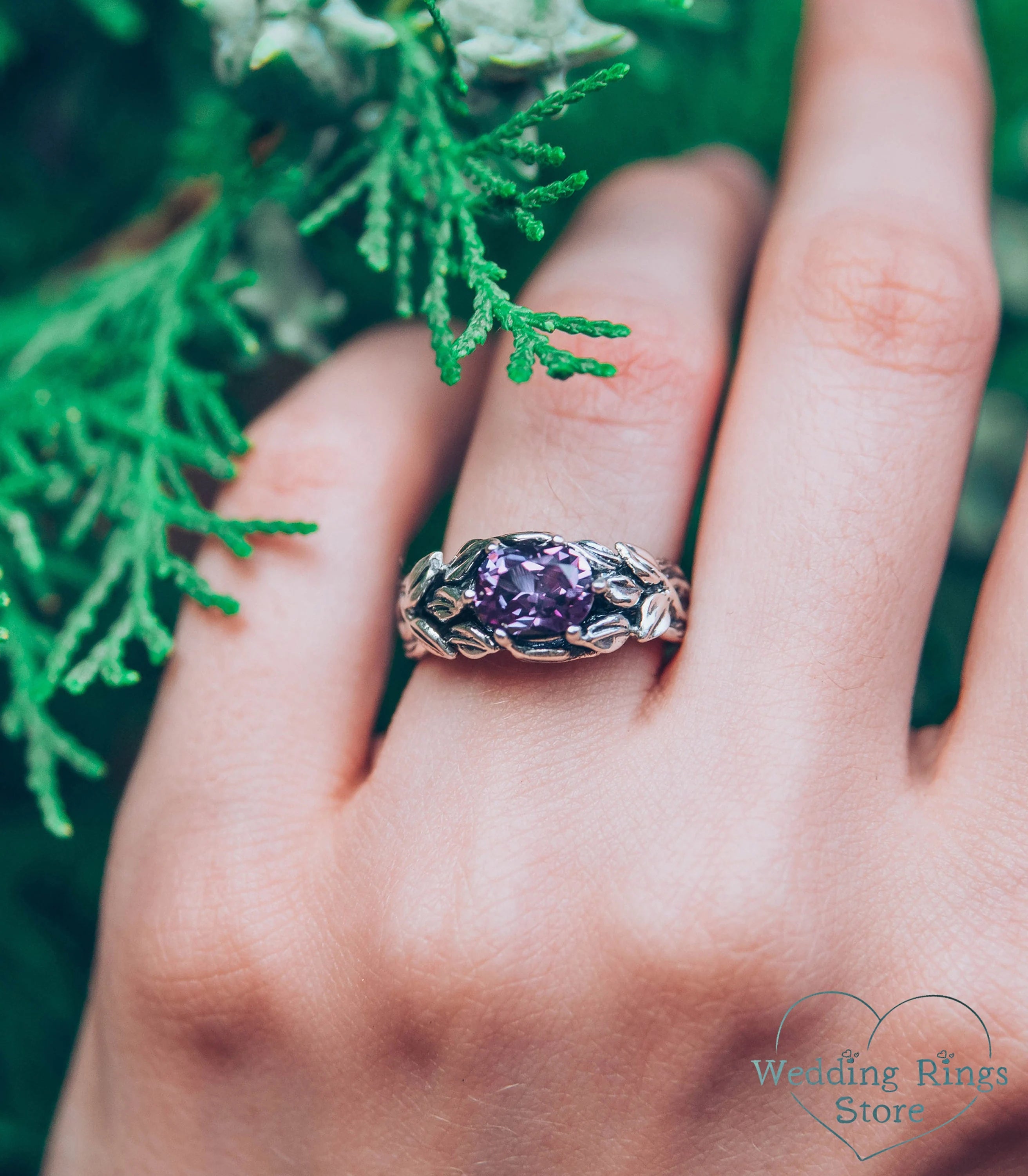 Horizontal oval Amethyst Branch Engagement Ring with Leaves