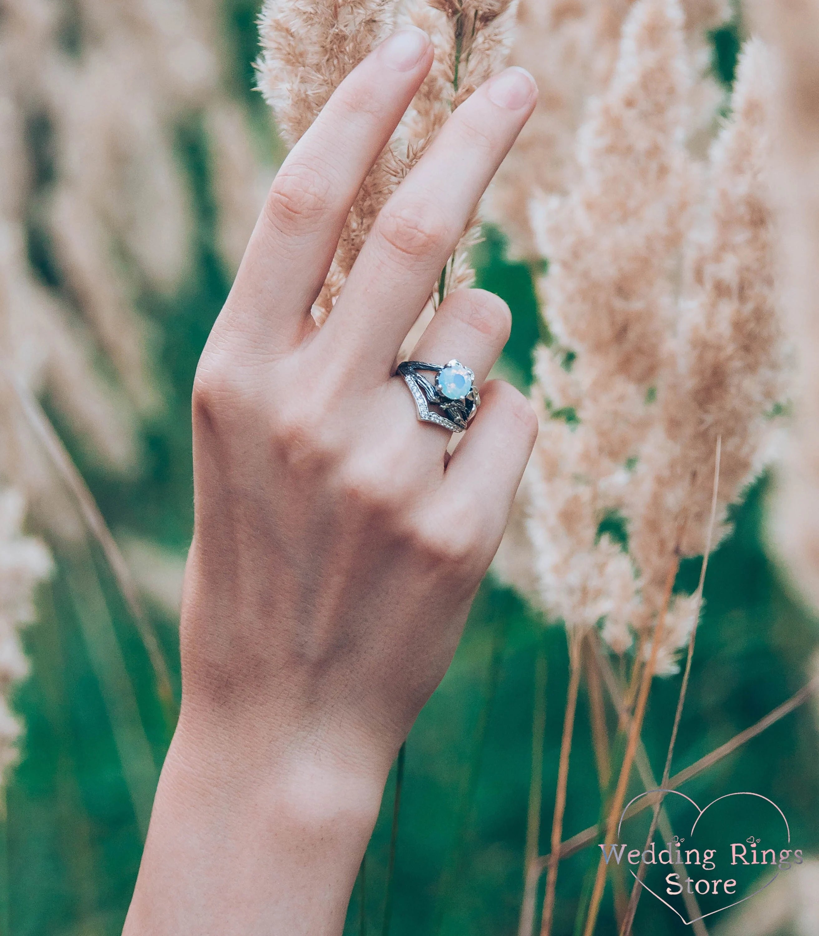 Silver Сhevron Engagement Ring Moonstone and Leaves