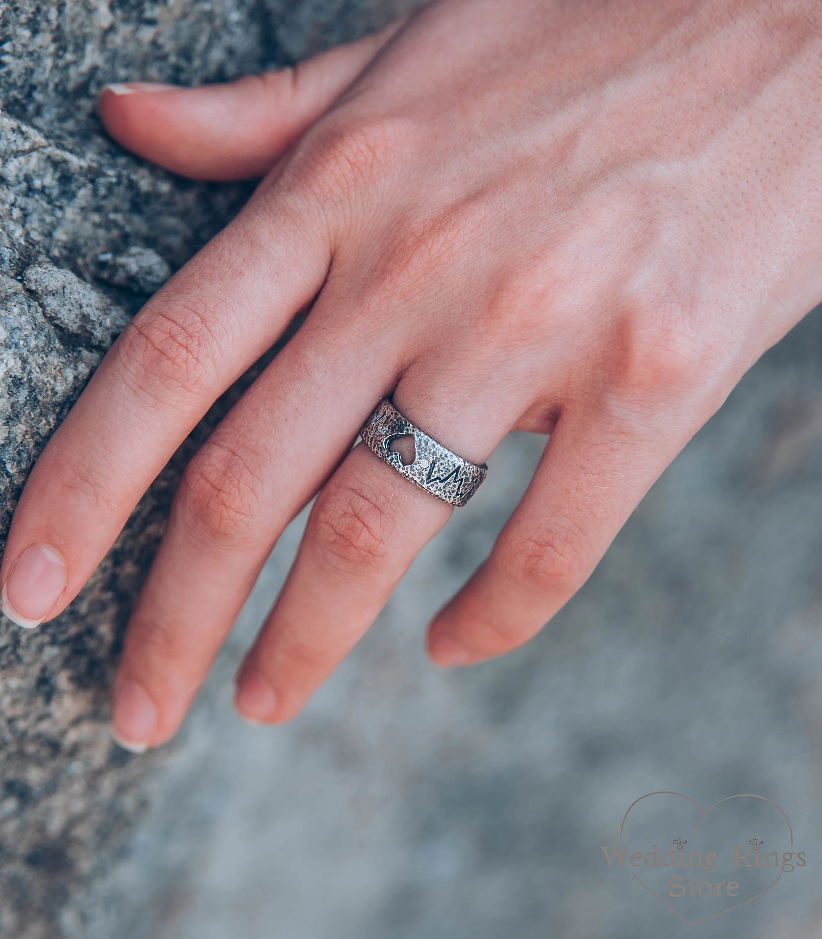 Open Heart Unique Silver Heartbeat Wedding Band