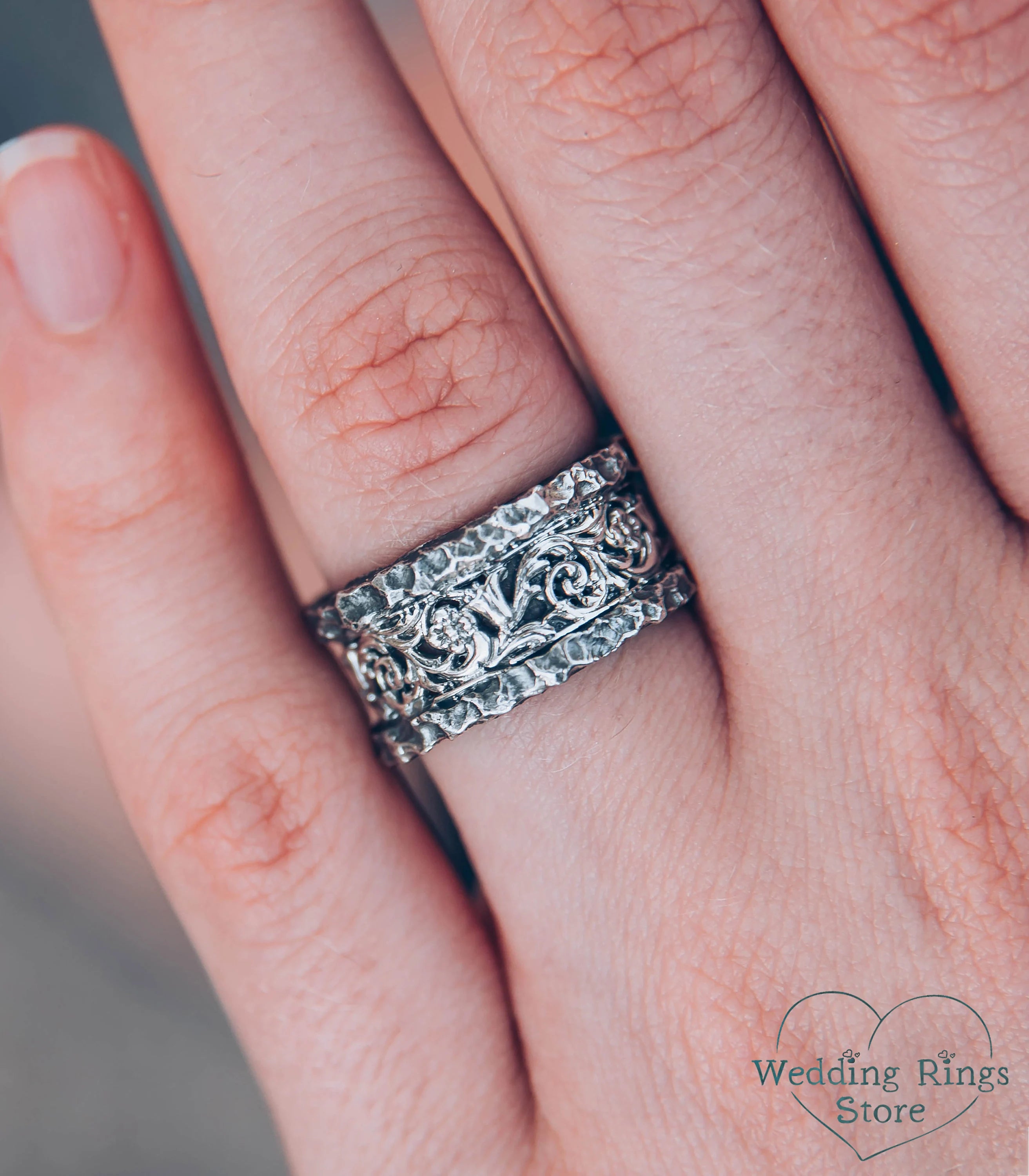 Vine & Flower Ring with Vintage Silver Hammered texture