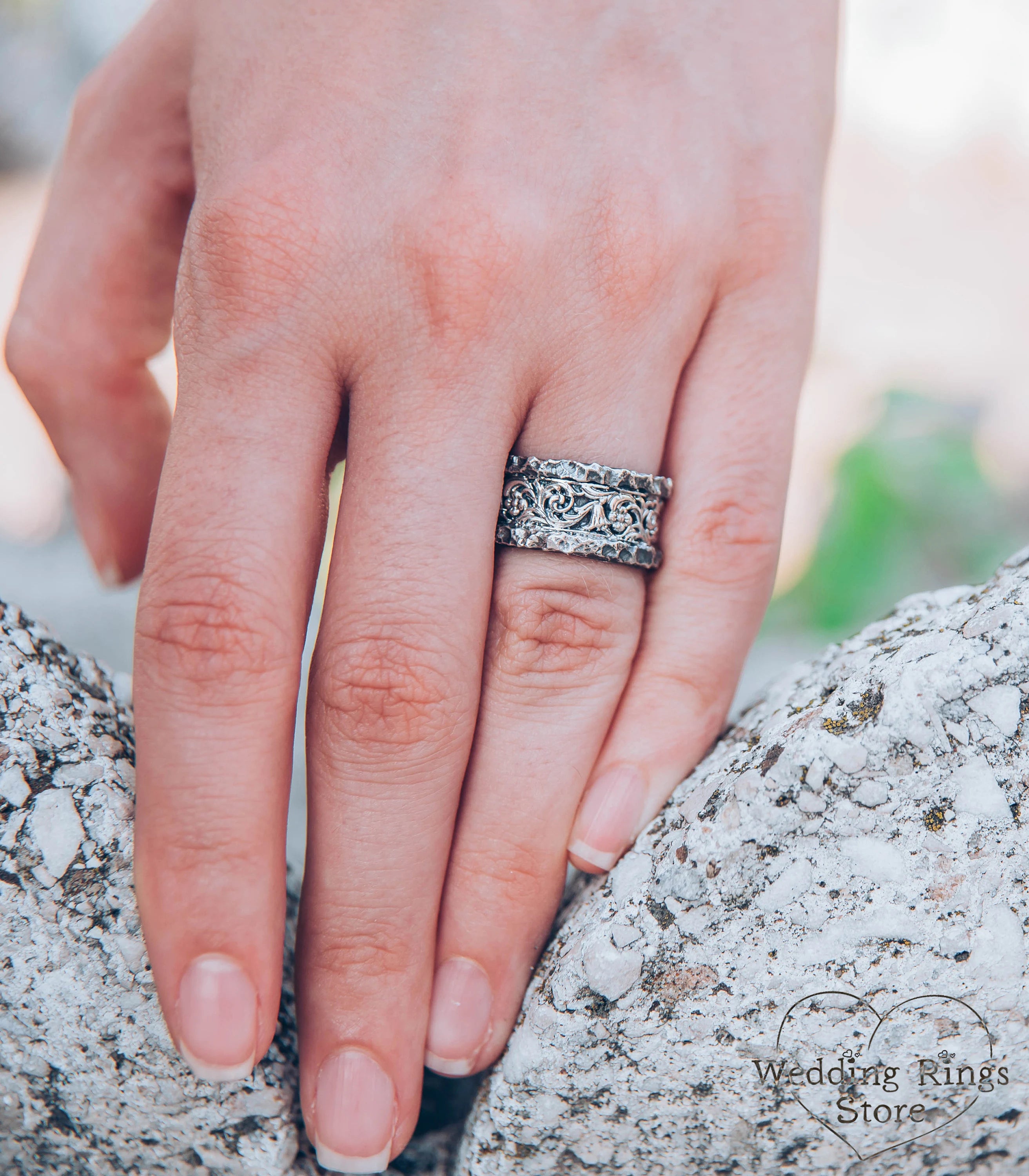 Vine & Flower Ring with Vintage Silver Hammered texture