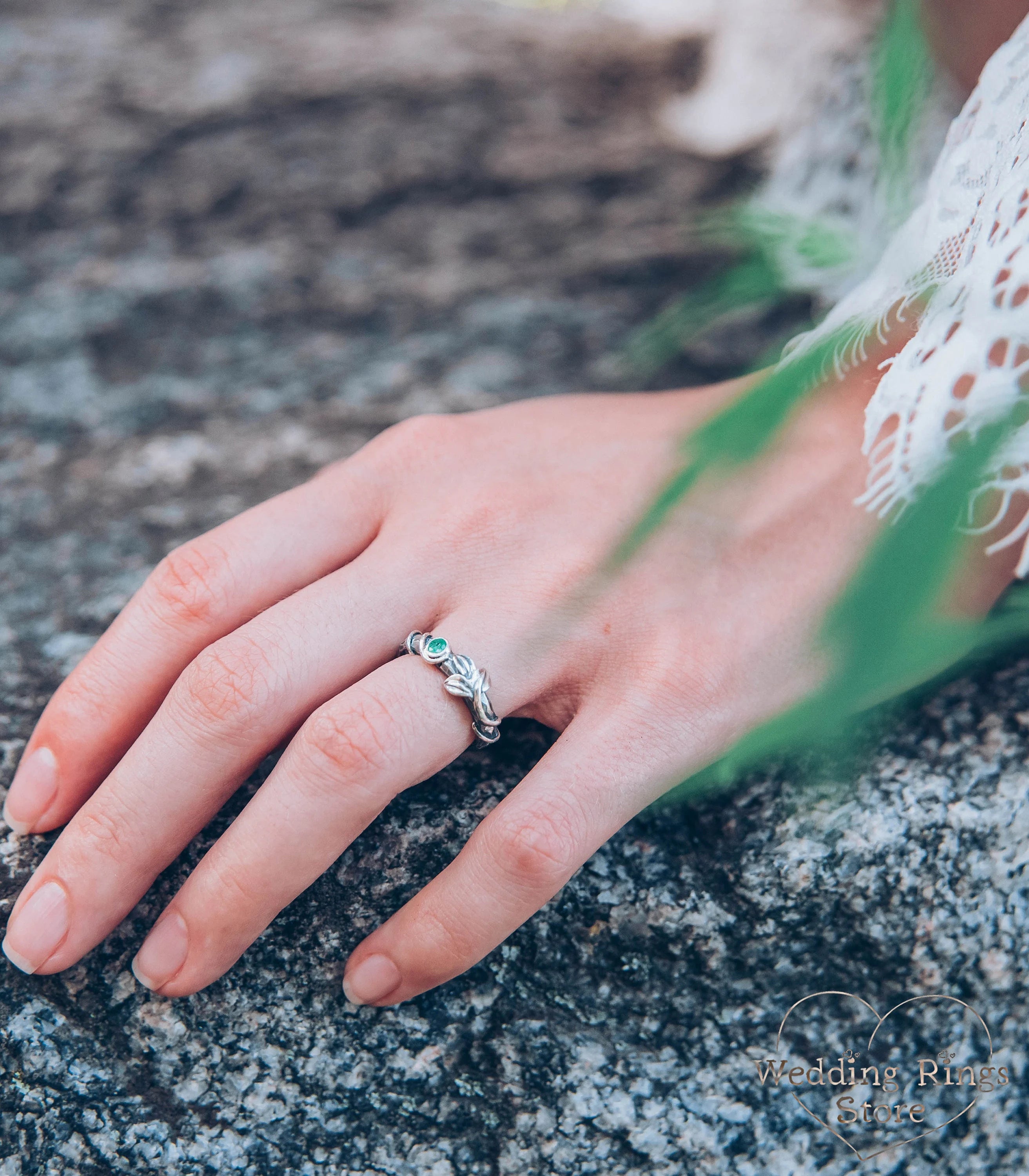 Natural Emerald with Leaf and Vine Silver Hammered Engagement Ring