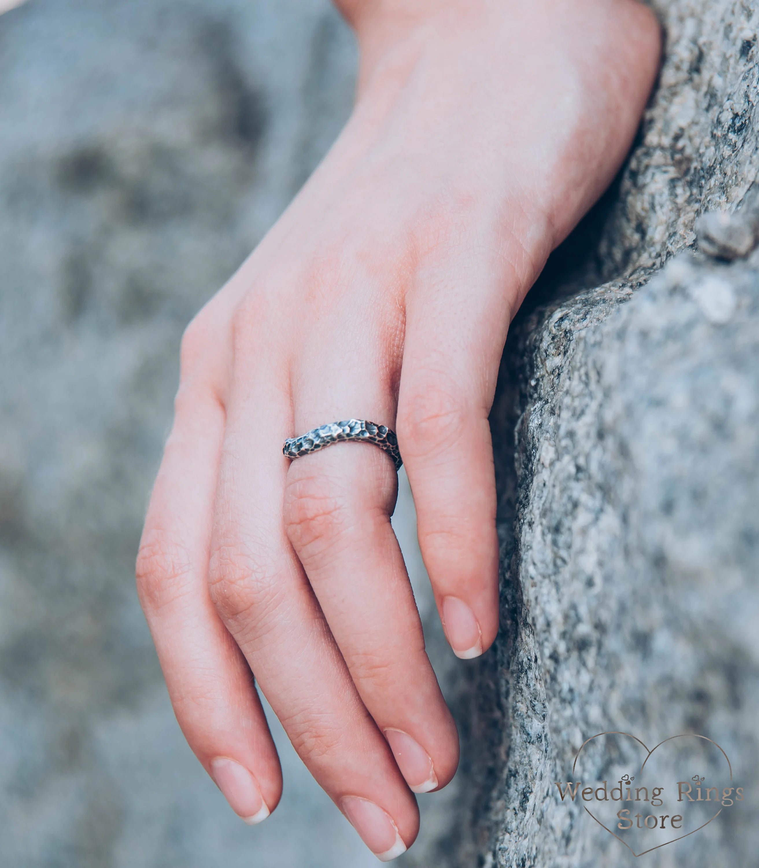 Sterling Silver Hammered V-Ring Brutalist Rough Surface