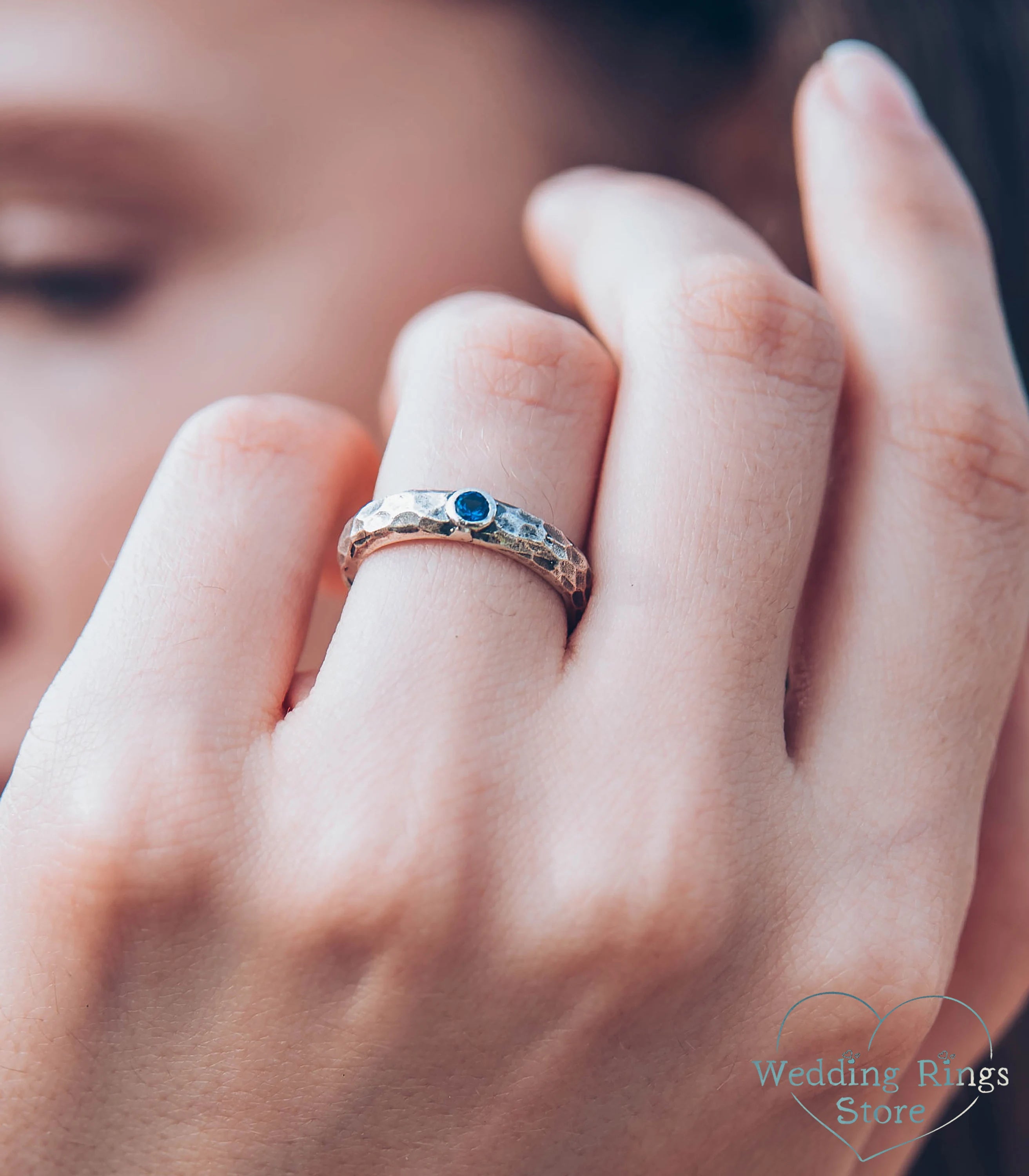 Sapphire & Silver Durable Hammered Engagement Ring Unisex