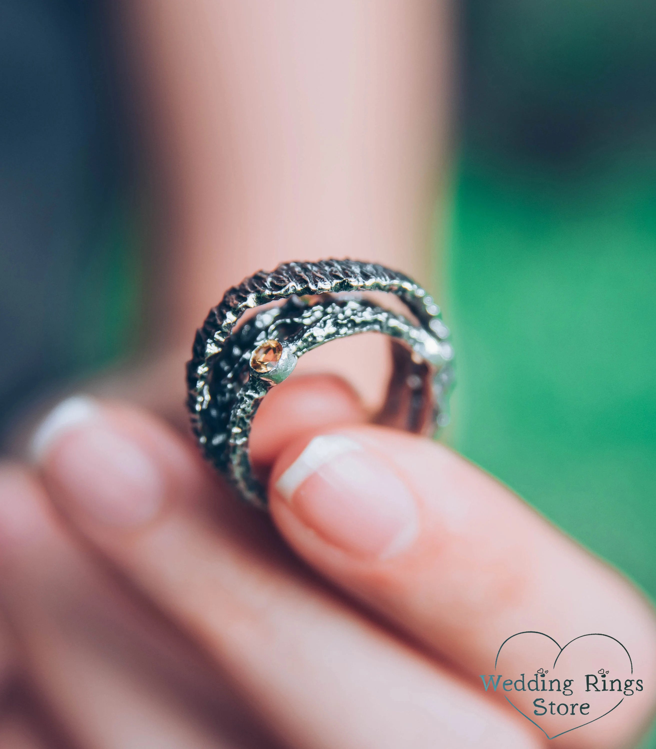 Hammered Silver Tree bark Ring Band with Citrines