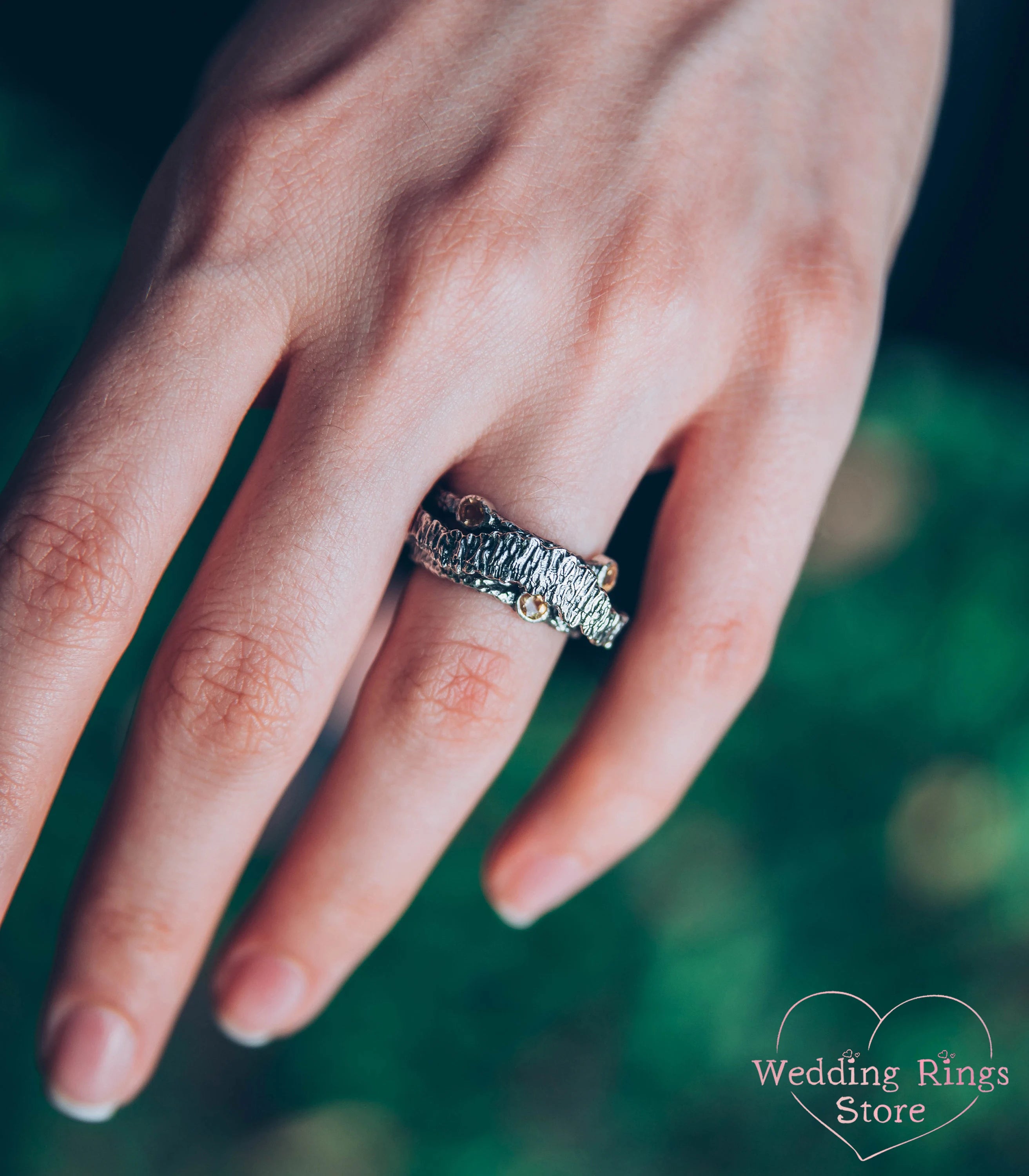 Hammered Silver Tree bark Ring Band with Citrines