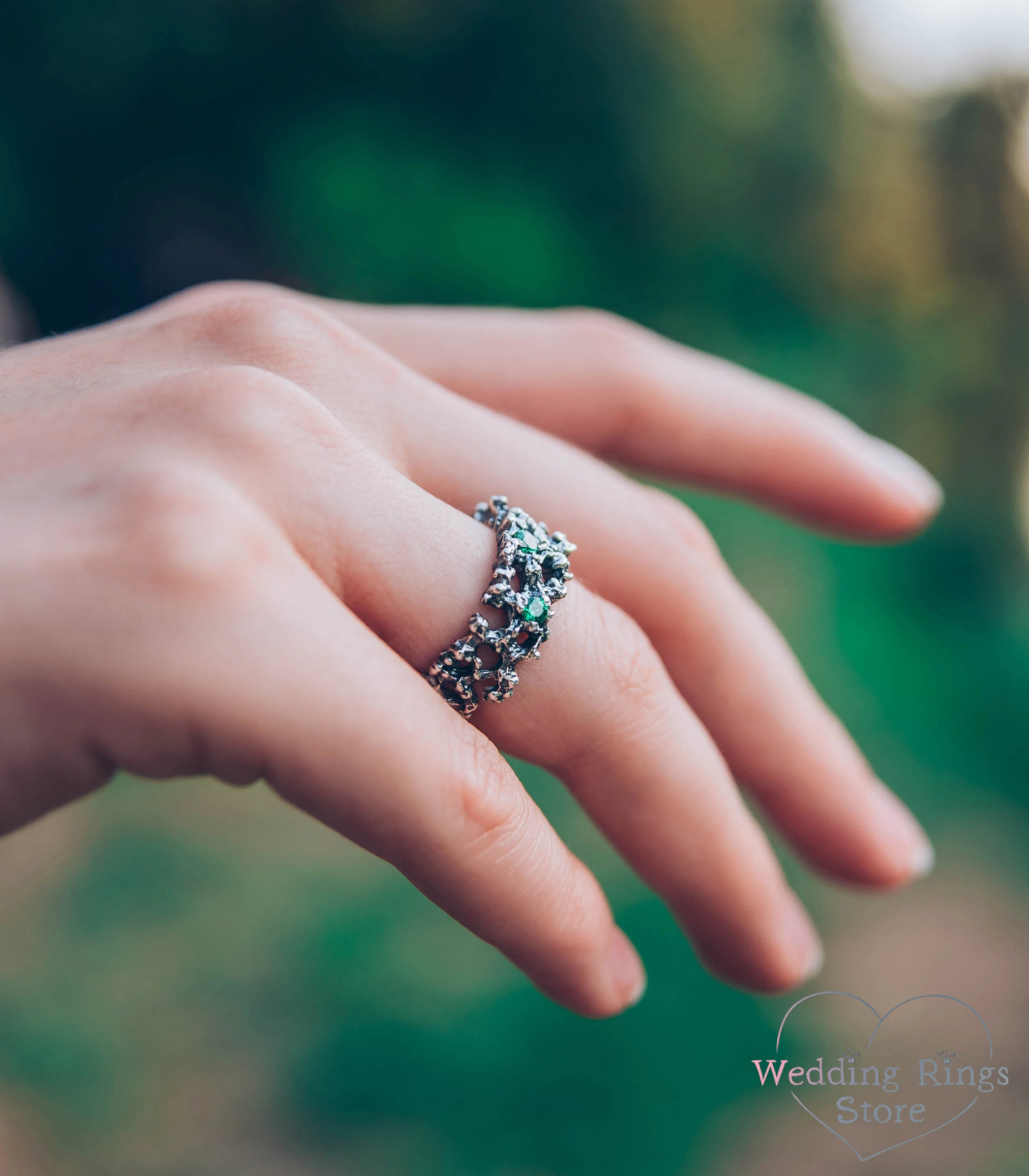 Unique Engagement Coral Ring with Emeralds Ocean Inspired