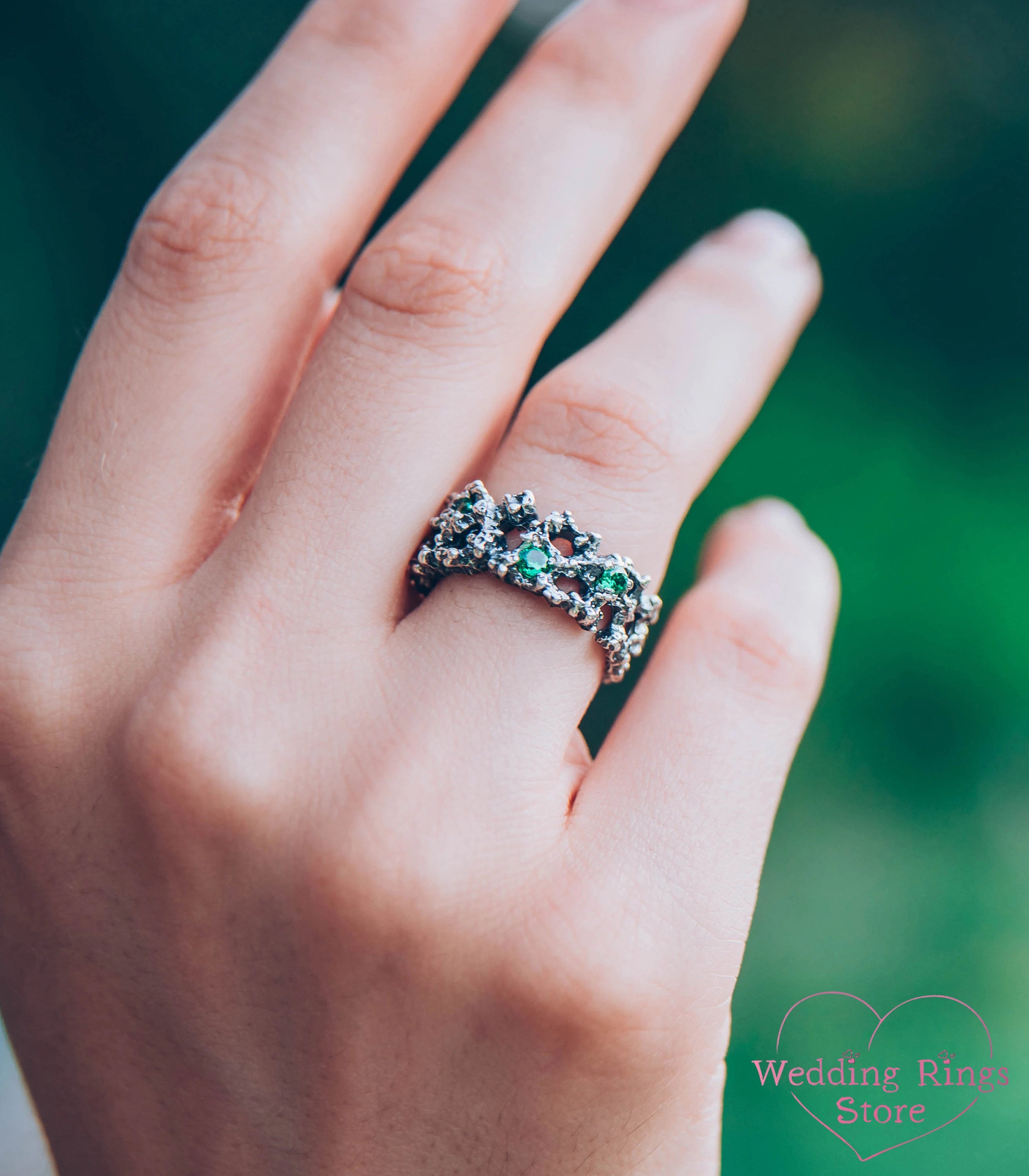 Unique Engagement Coral Ring with Emeralds Ocean Inspired