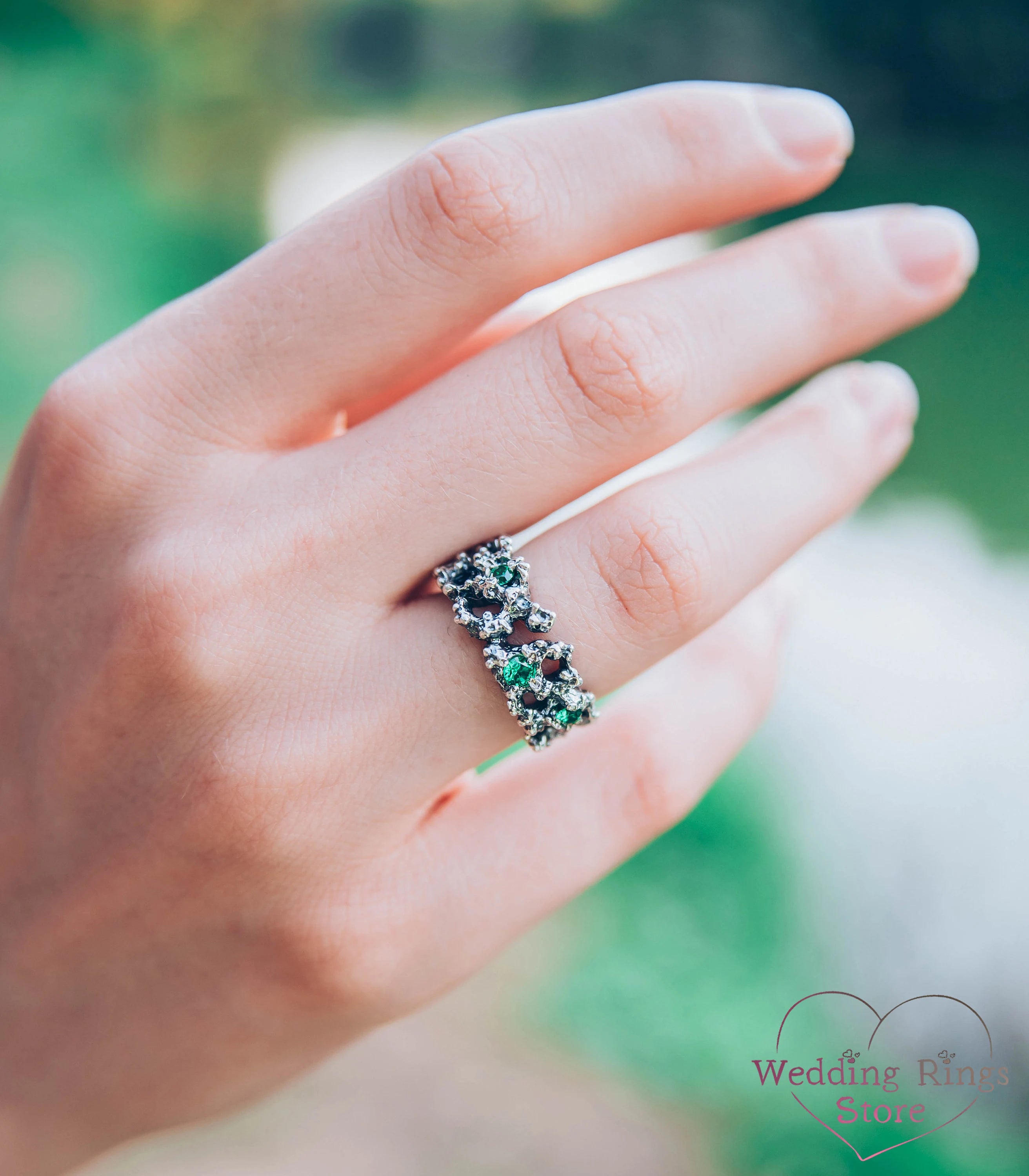 Unique Engagement Coral Ring with Emeralds Ocean Inspired