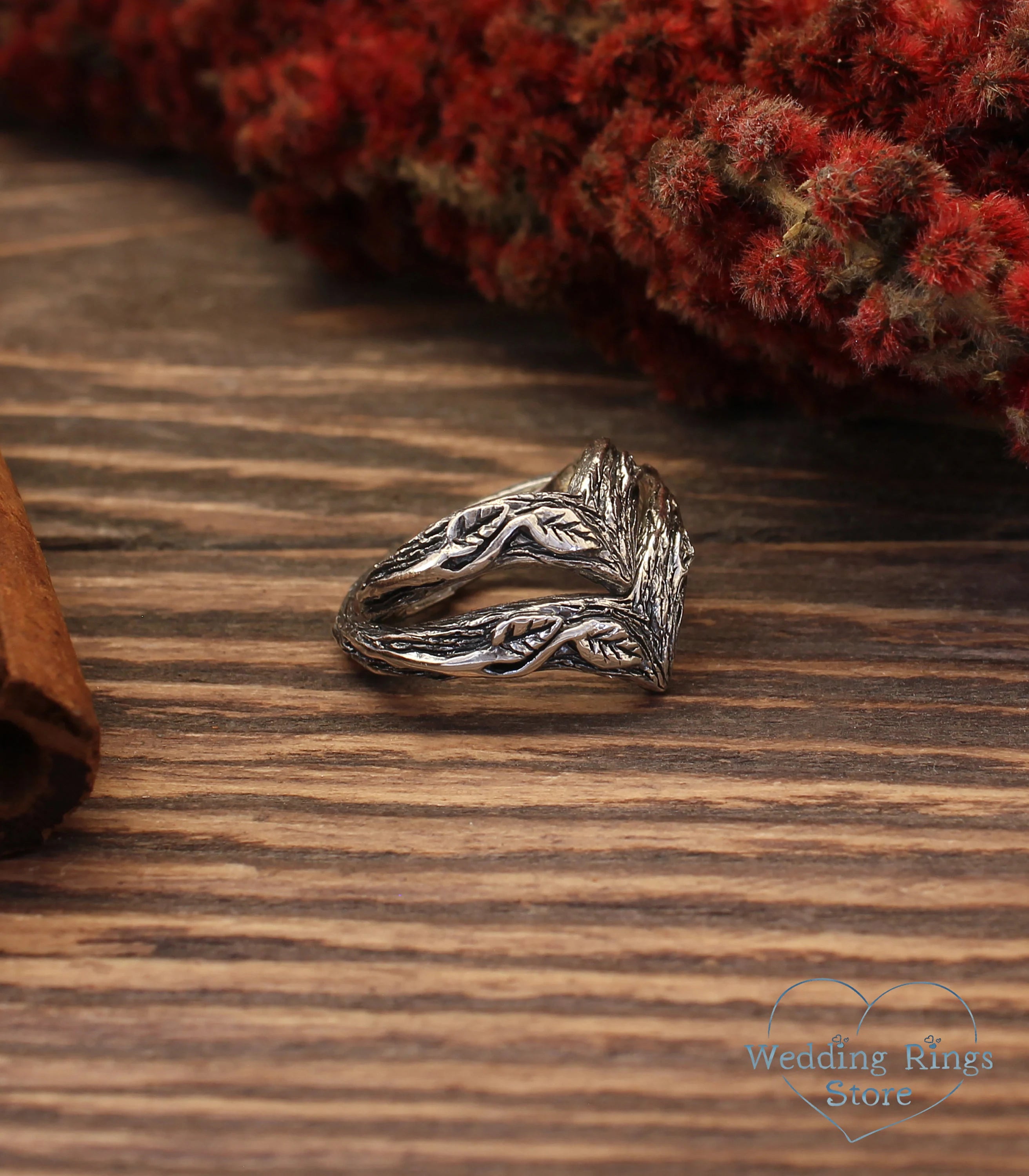 Leaves & Branch Chevron Wedding Bands Set