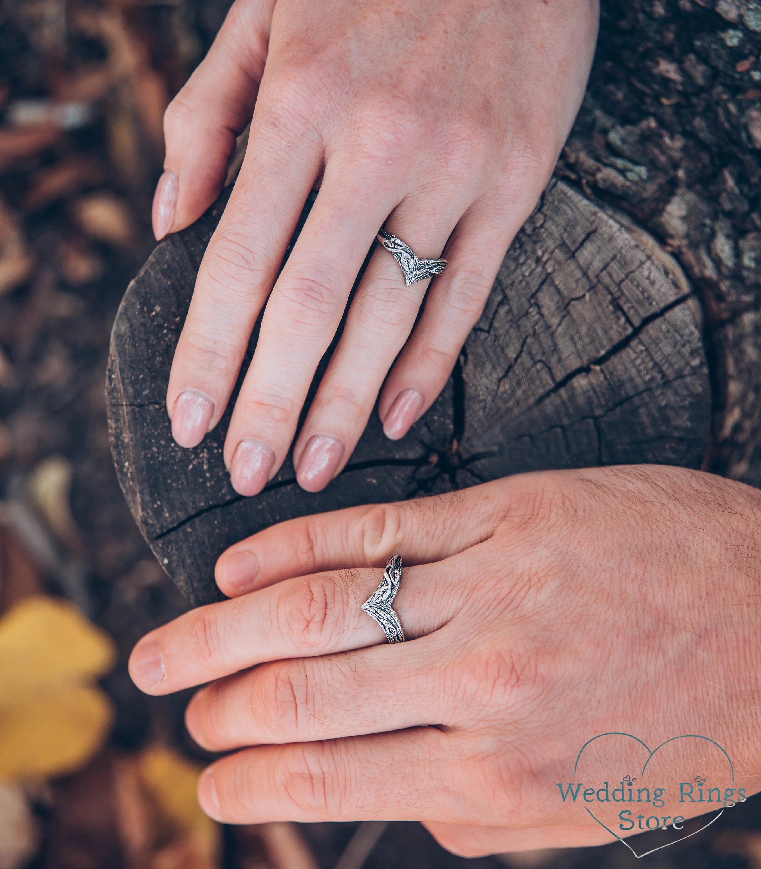 Leaves & Branch Chevron Wedding Bands Set