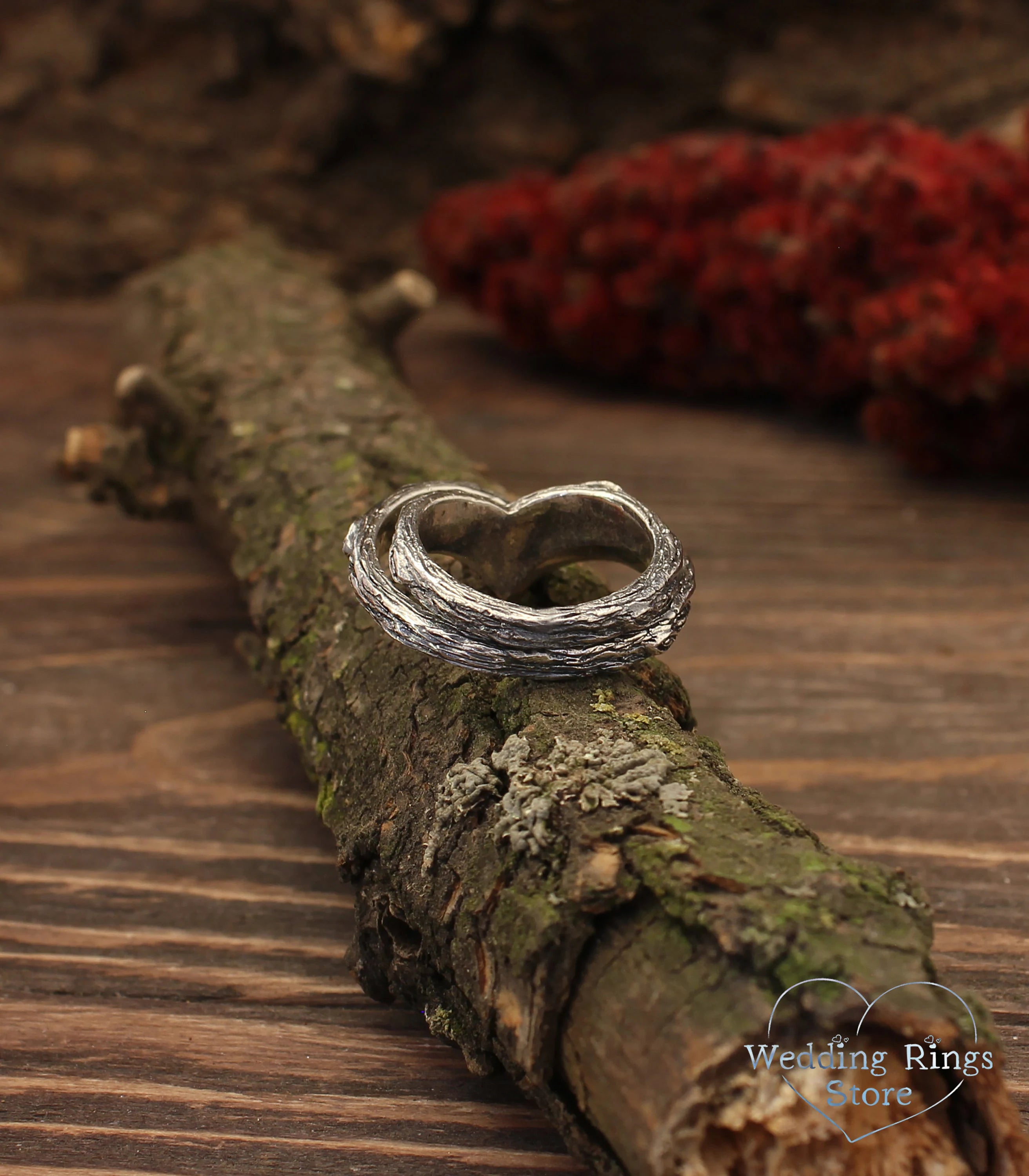 Leaves & Branch Chevron Wedding Bands Set