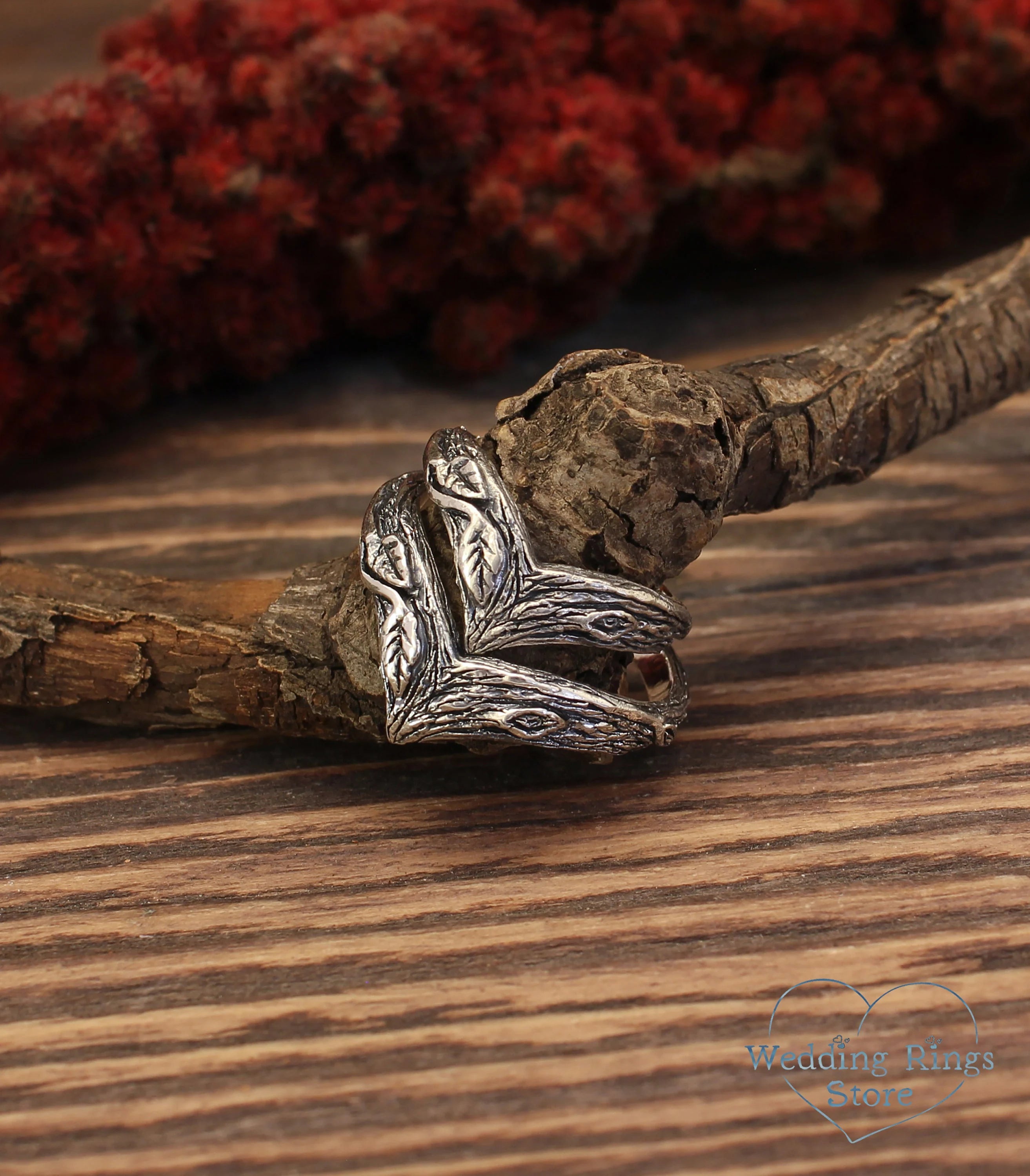 Leaves & Branch Chevron Wedding Bands Set