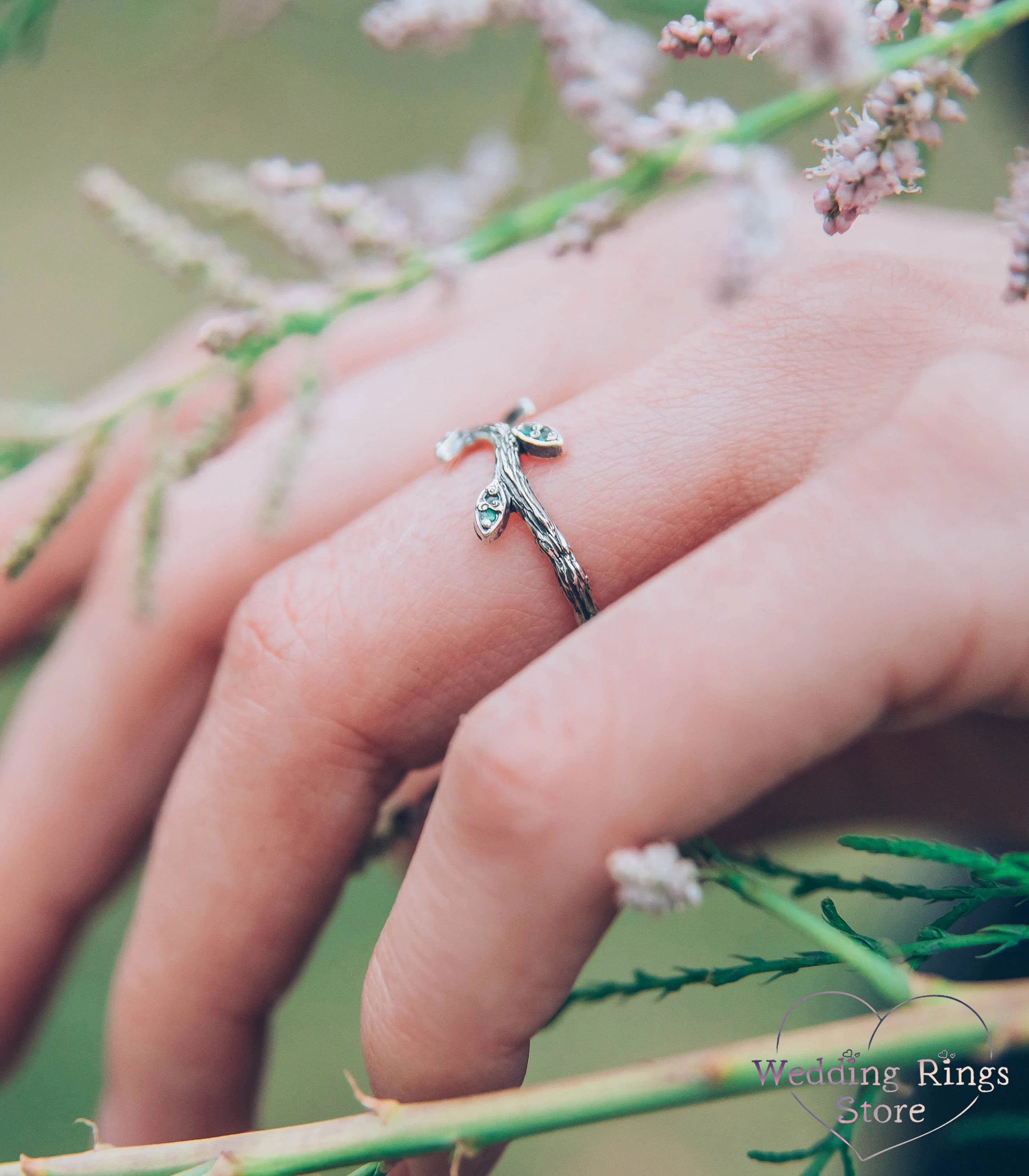 Tiny Branch with Leaves Ring — Emerald Engagement Ring