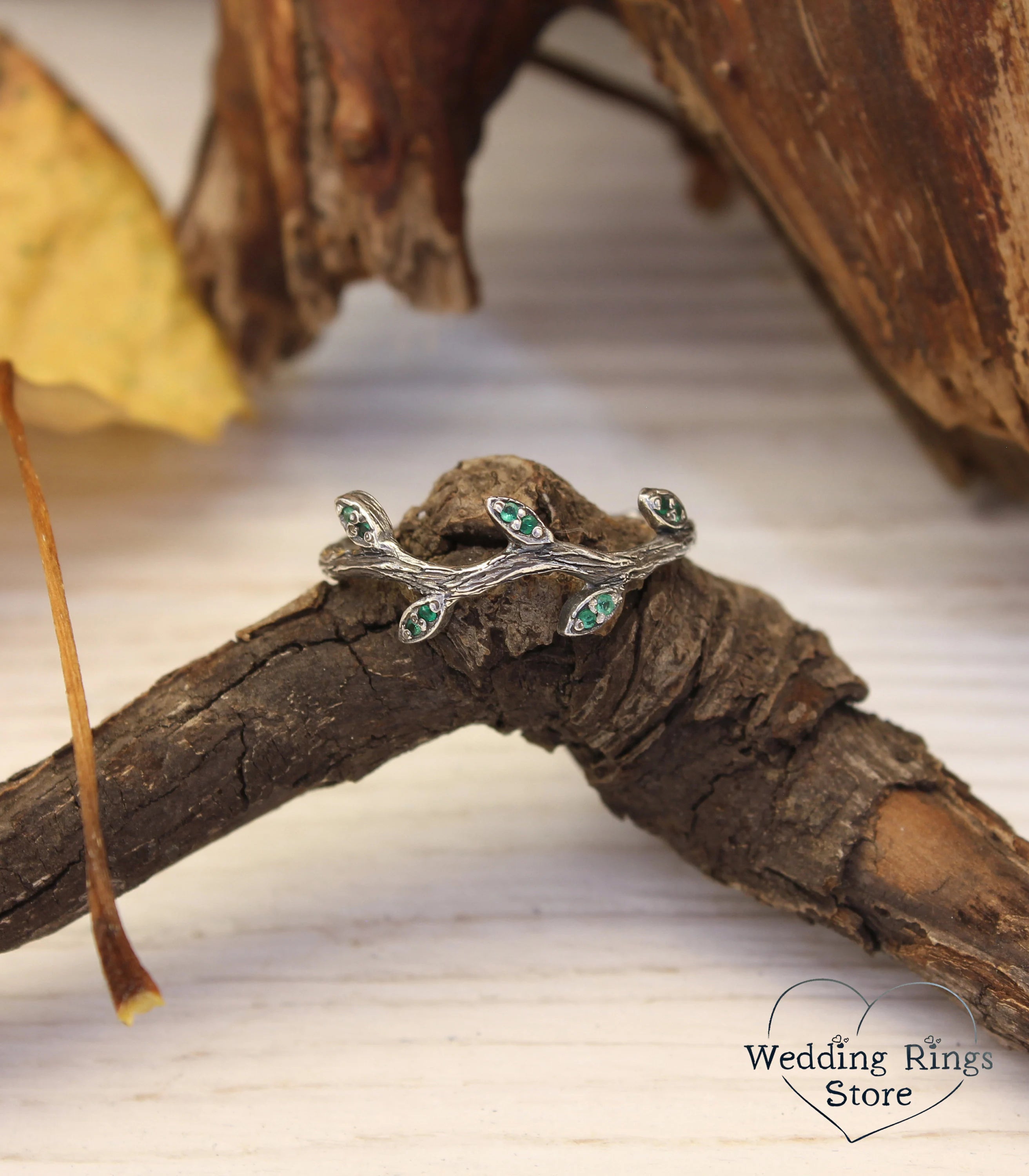 Tiny Branch with Leaves Ring — Emerald Engagement Ring