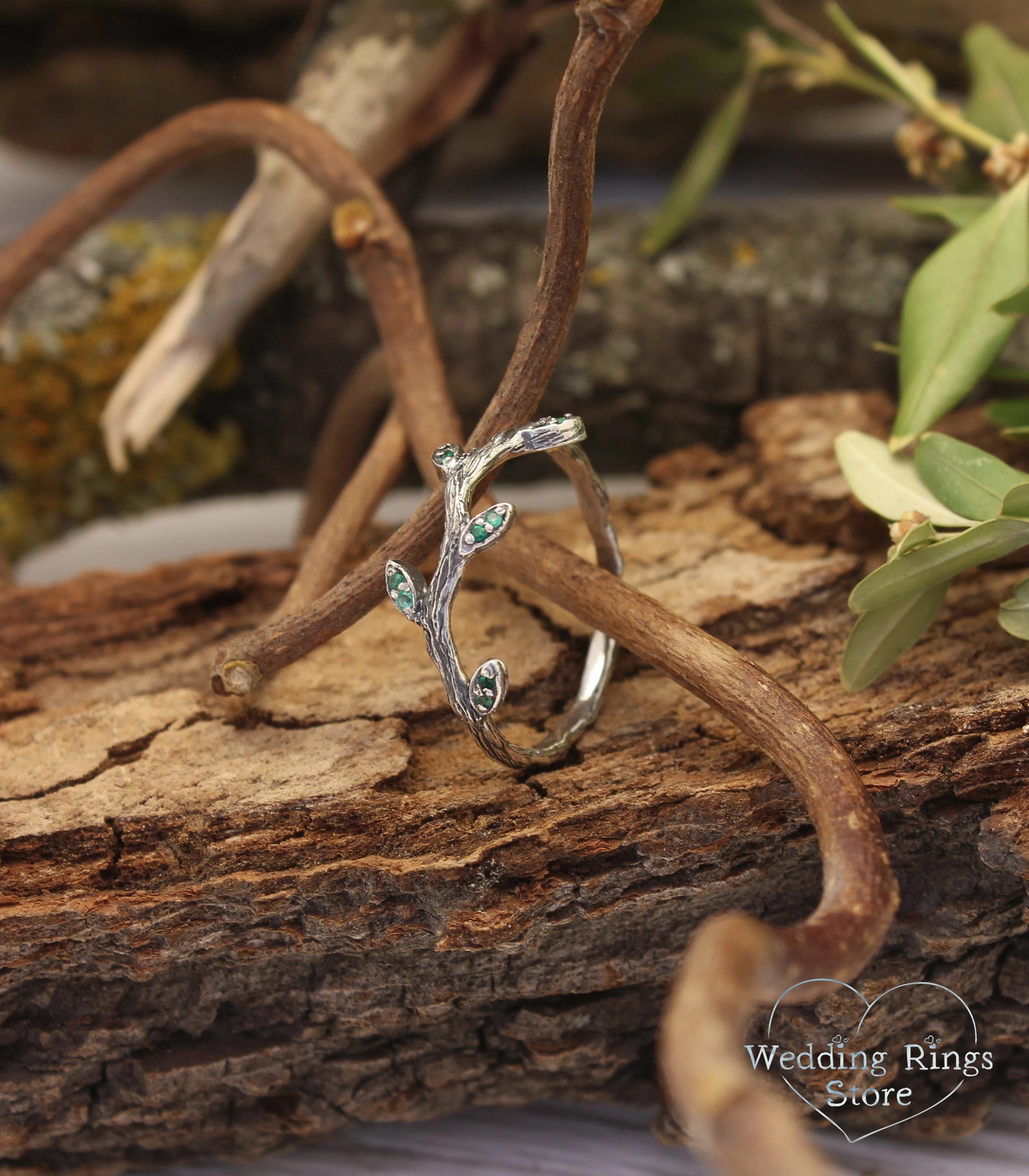 Tiny Branch with Leaves Ring — Emerald Engagement Ring