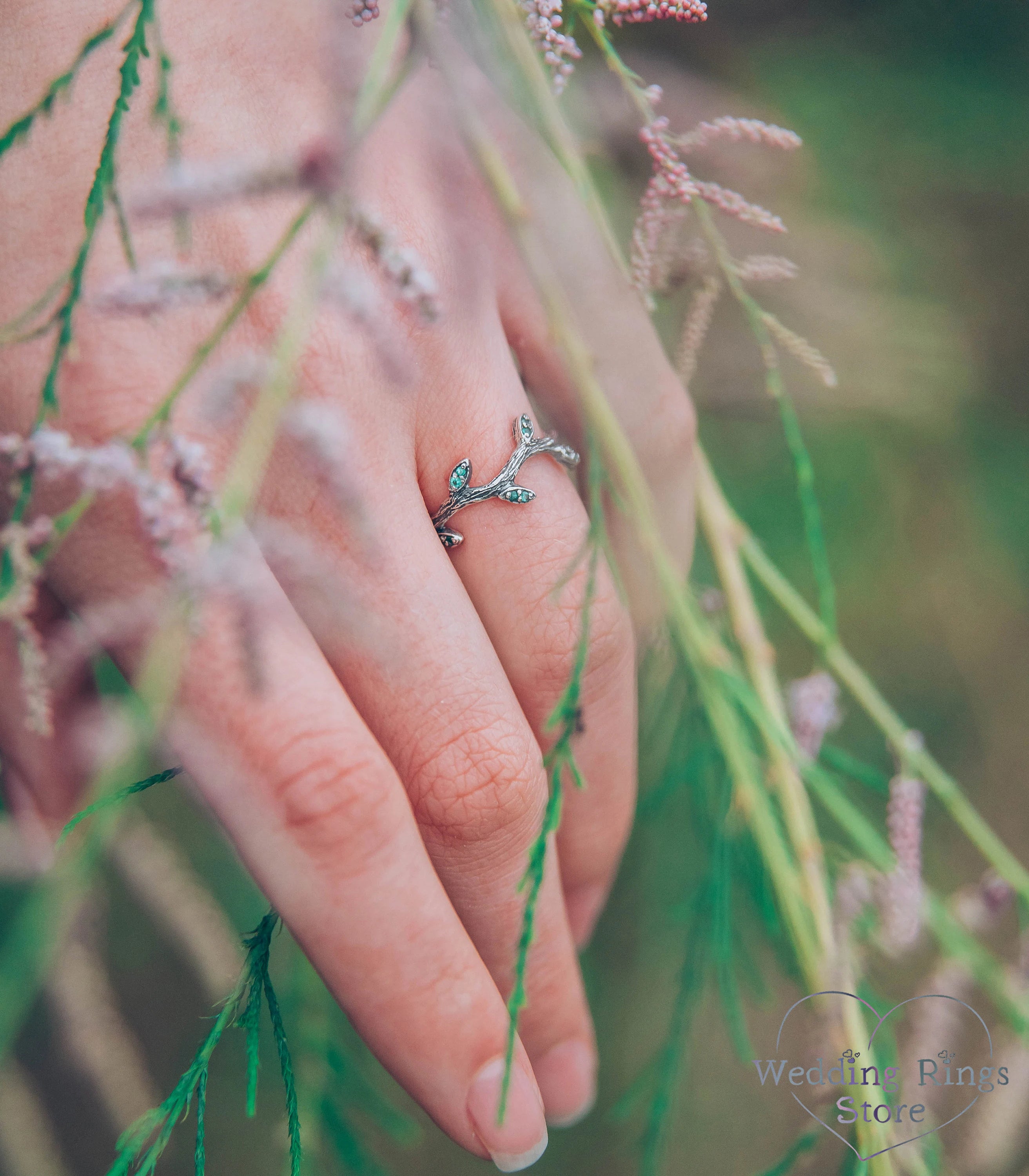 Tiny Branch with Leaves Ring — Emerald Engagement Ring