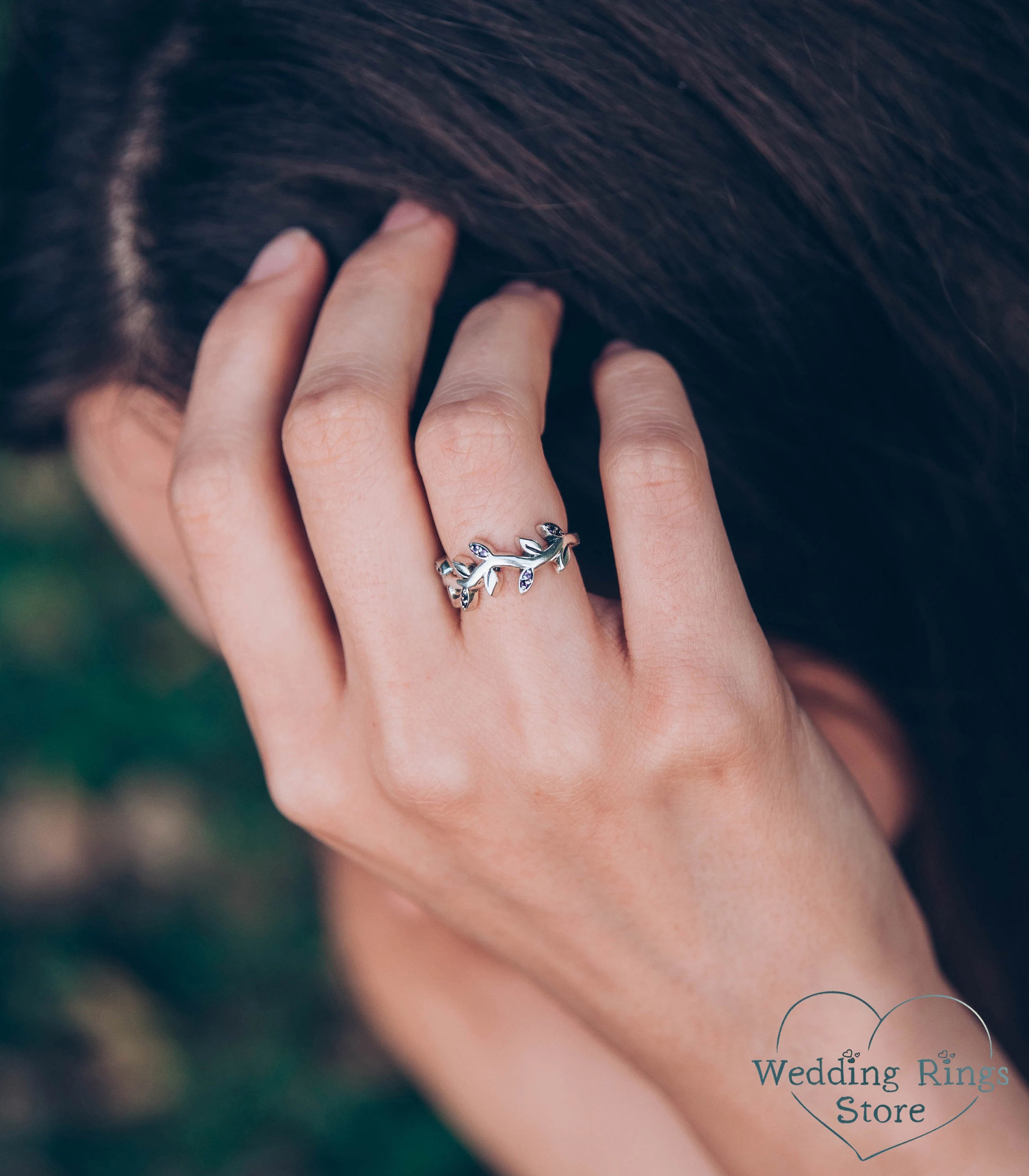 Amethyst Leaves on Silver Wavy Ring — Handmade Jewelry Gift