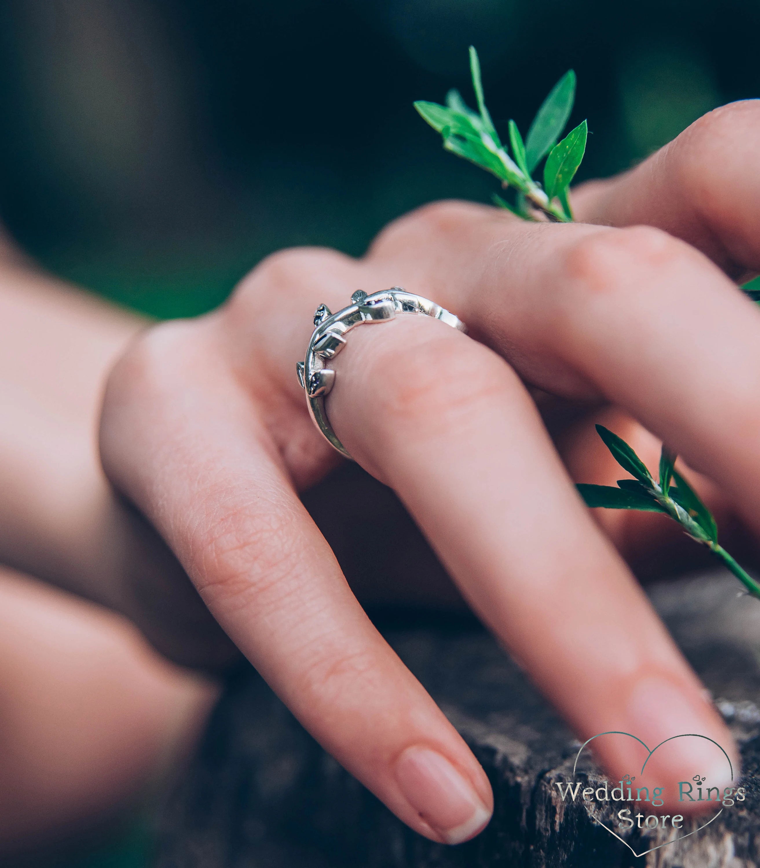 Amethyst Leaves on Silver Wavy Ring — Handmade Jewelry Gift