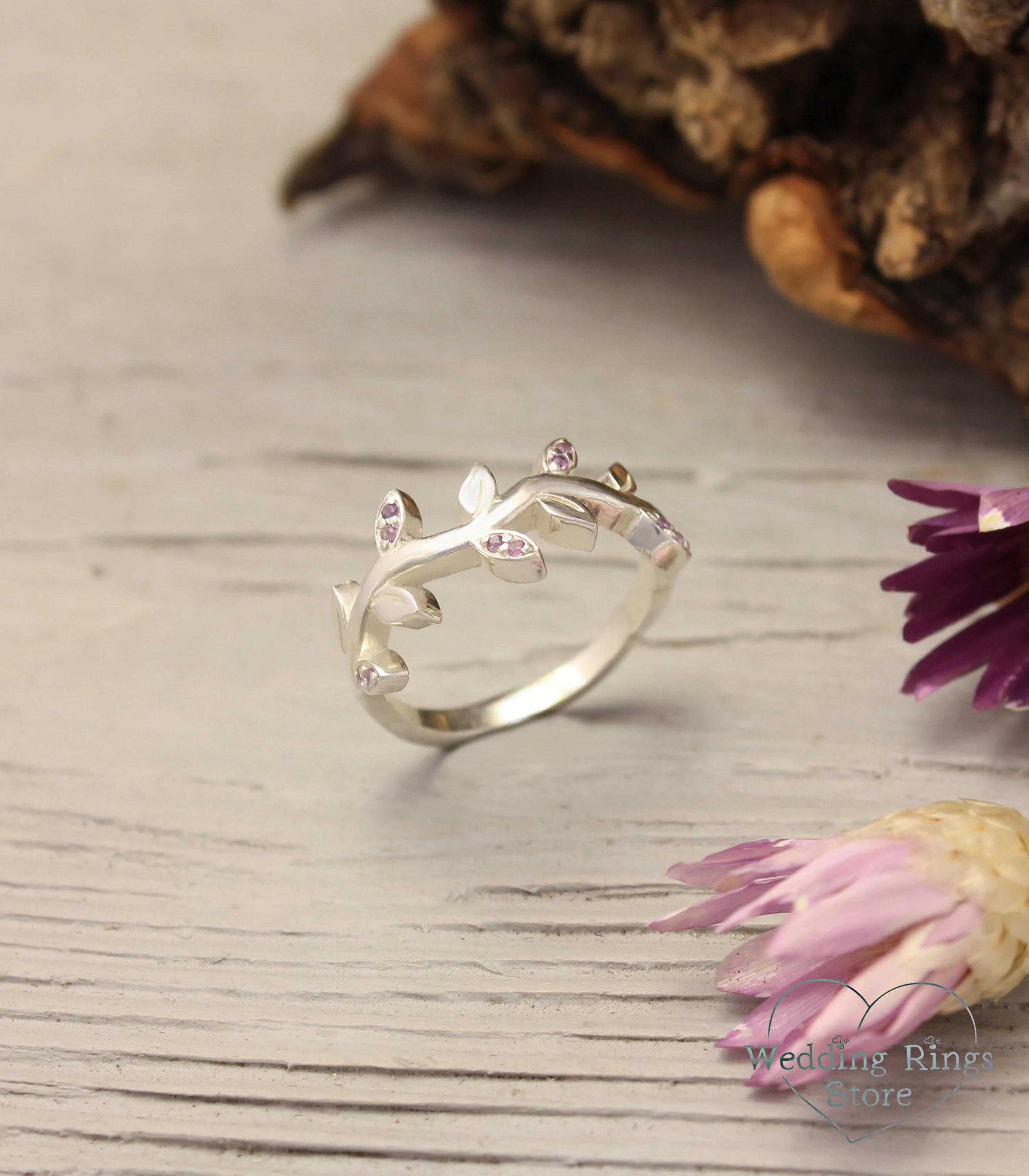 Amethyst Leaves on Silver Wavy Ring — Handmade Jewelry Gift