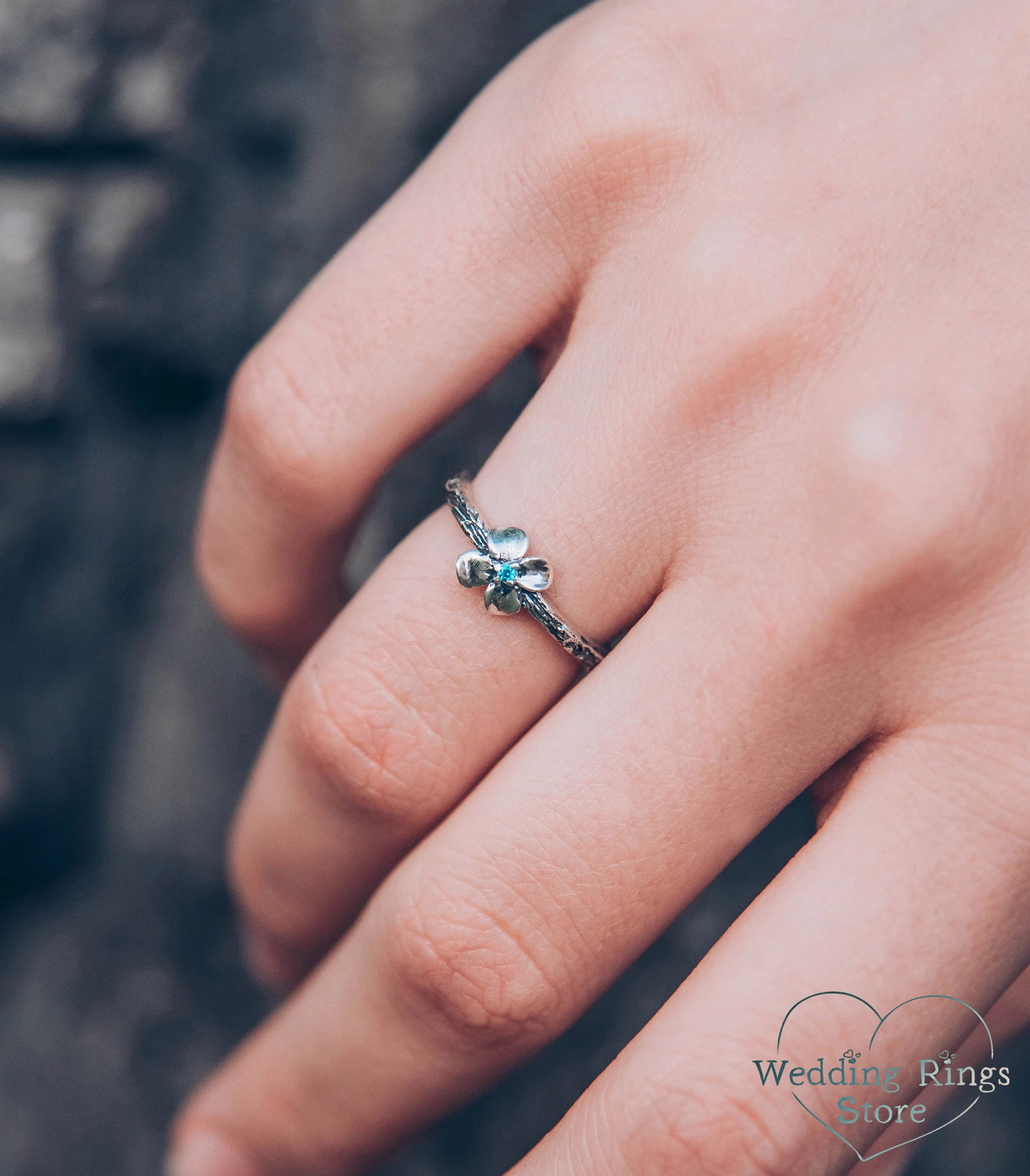 Dainty Flower Ring with Swiss Topaz on tiny Silver Branch