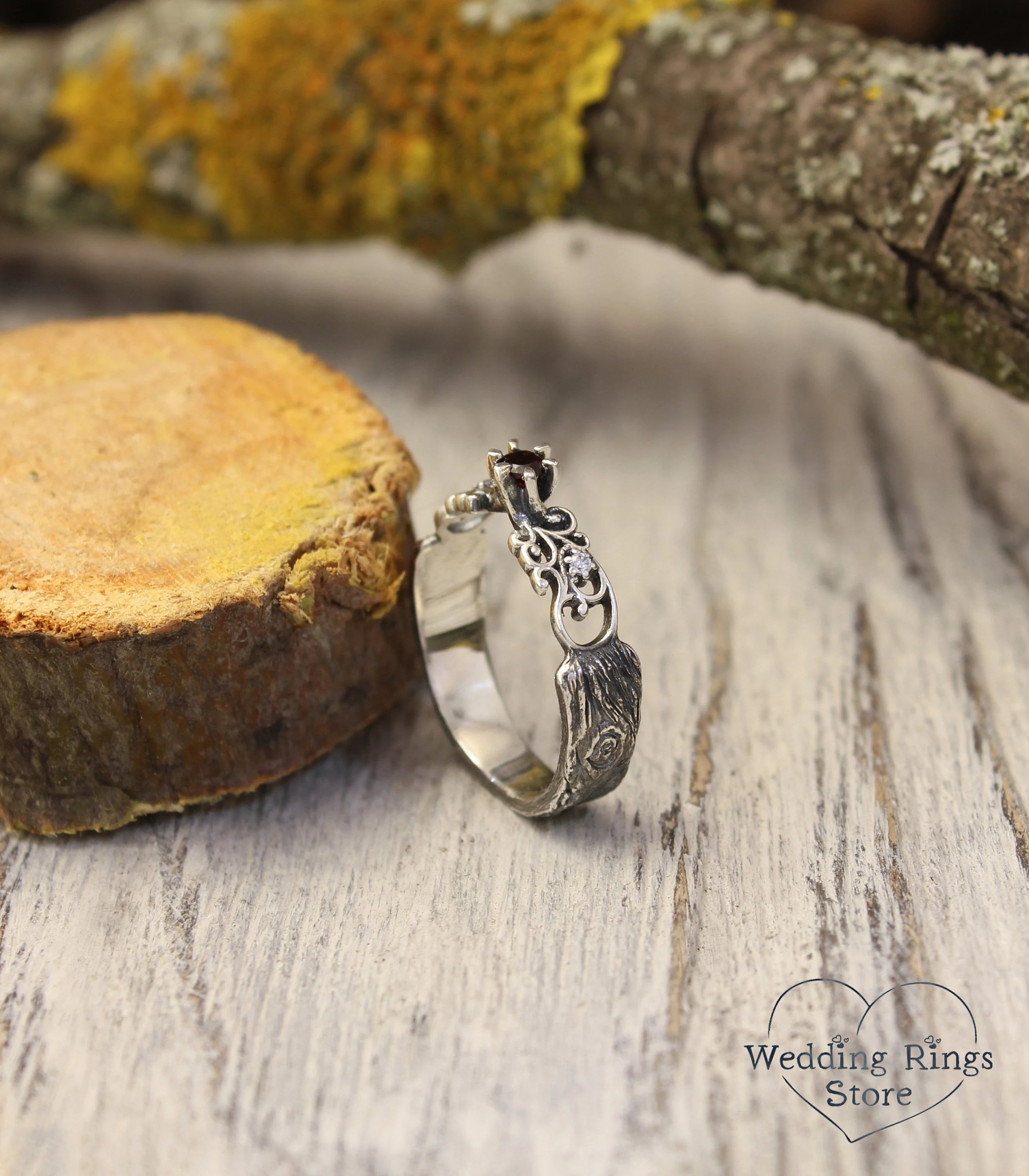 Scrollwork Silver Ring with Natural Garnet — Tree bark and Vine