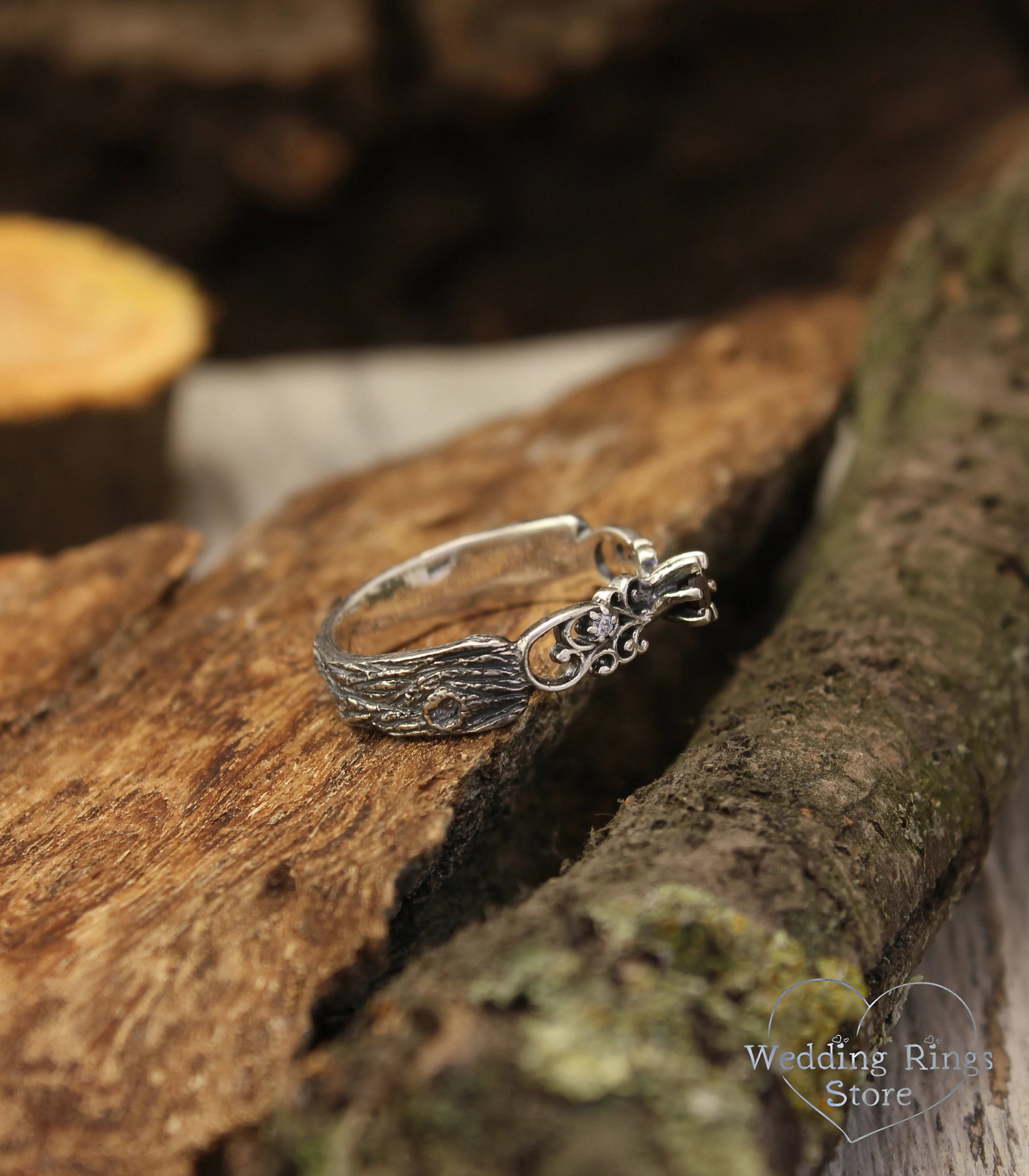 Scrollwork Silver Ring with Natural Garnet — Tree bark and Vine