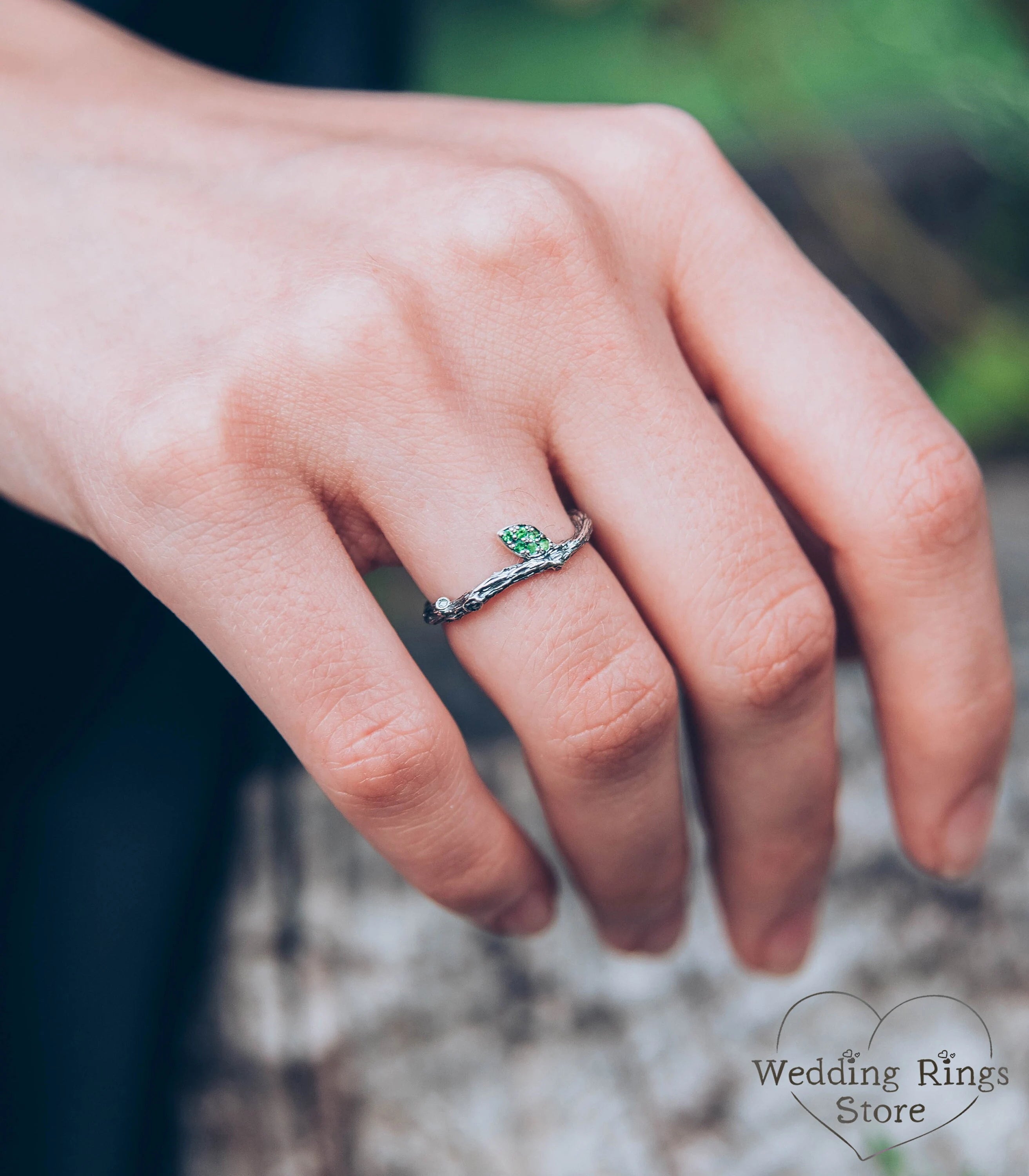 Minimalist Silver Stacking Twig Ring & Emerald Leaf