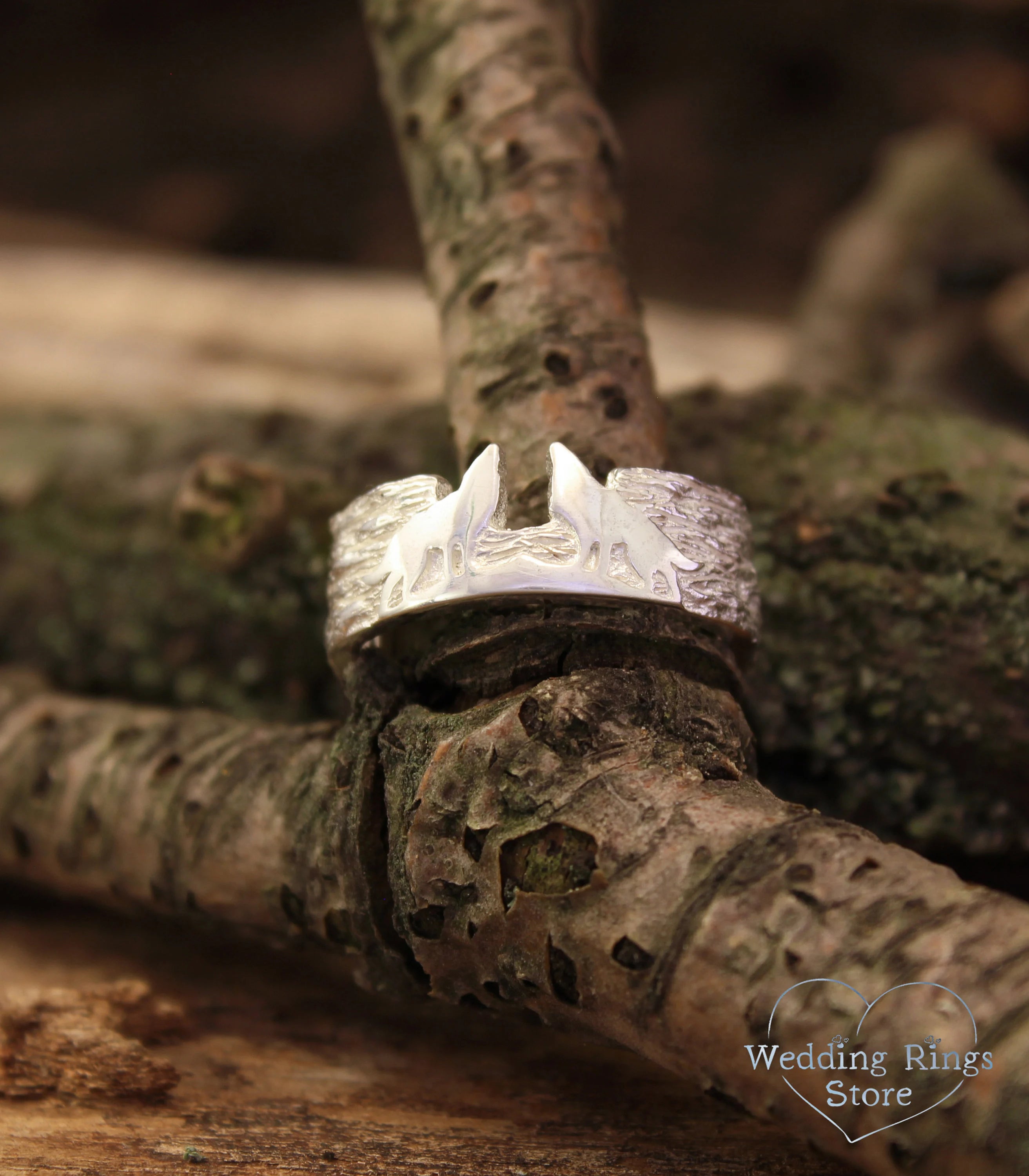 Two Wolves Ring and Silver bark textured Ring