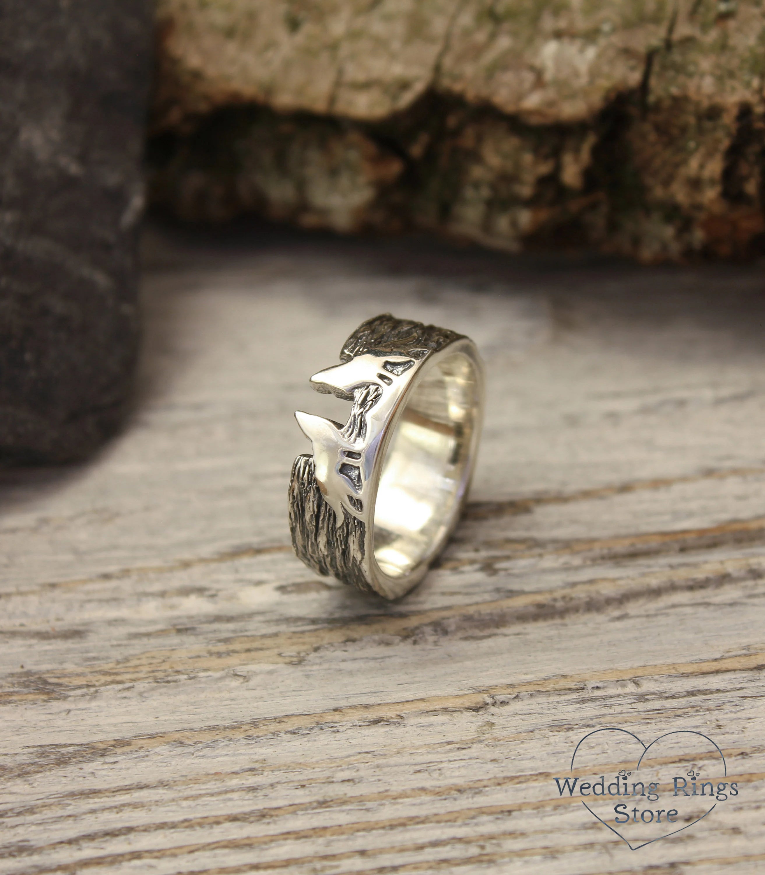 Two Wolves Ring and Silver bark textured Ring