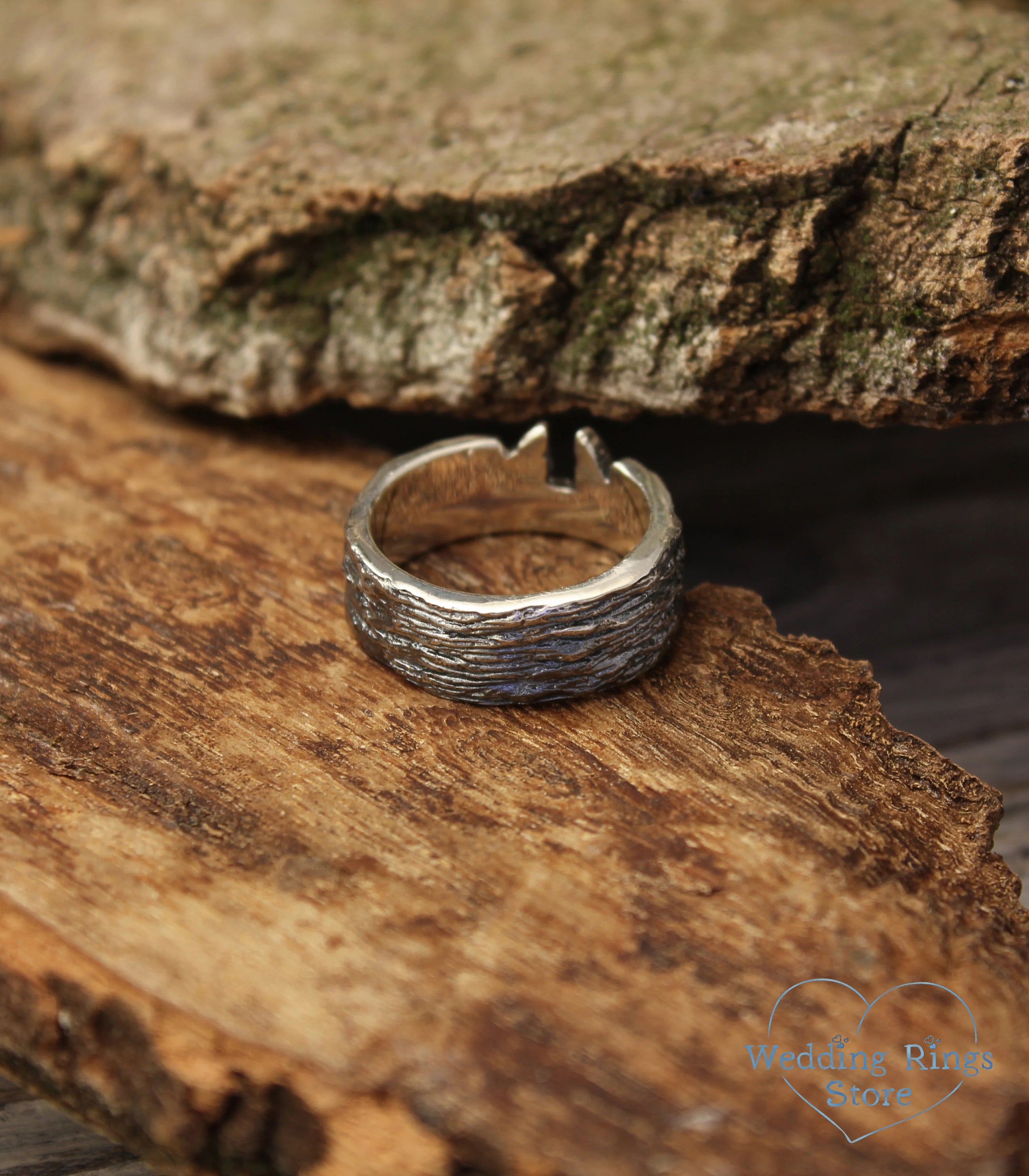 Two Wolves Ring and Silver bark textured Ring