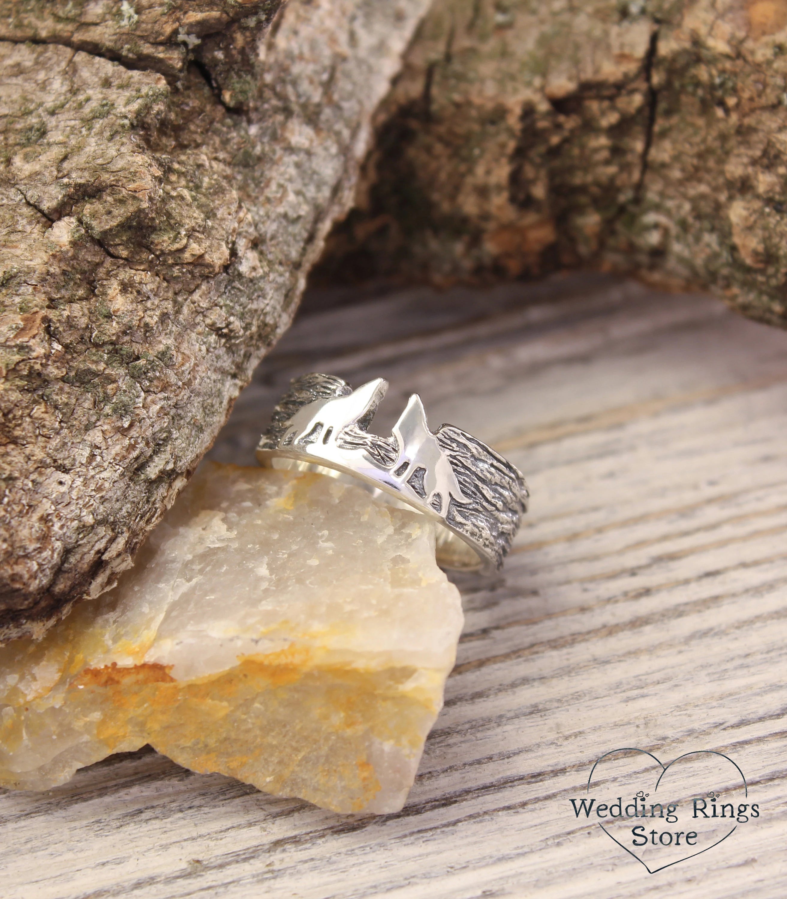 Two Wolves Ring and Silver bark textured Ring