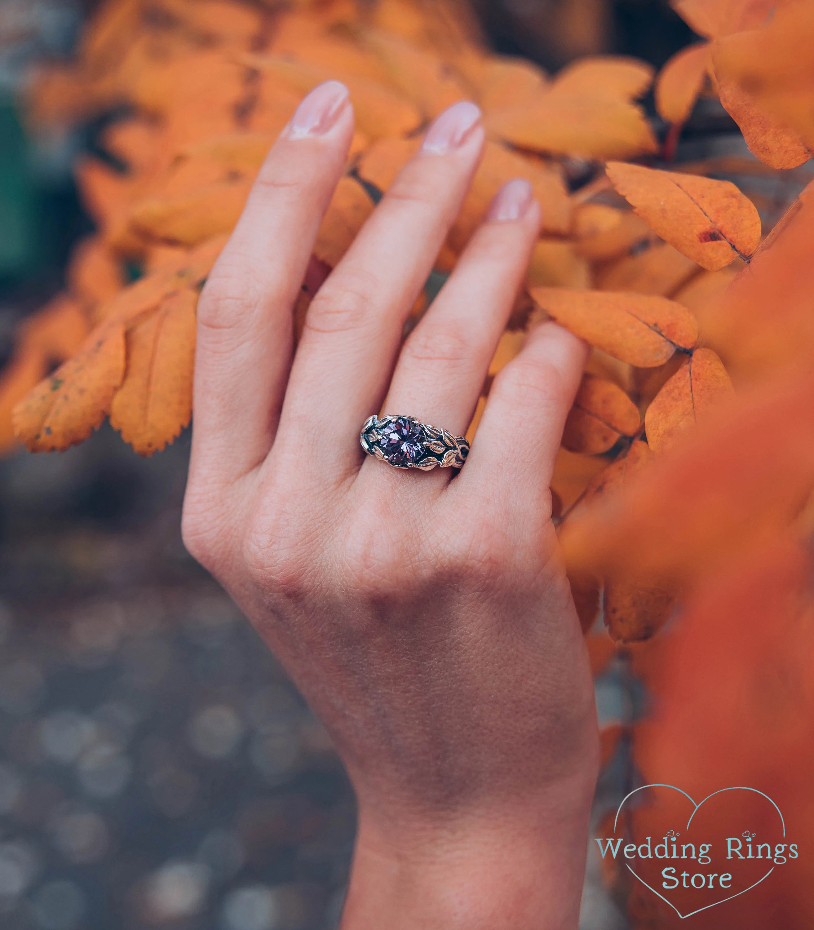 Dazzling Alexandrite Tree Branch and Leaves Silver Engagement Ring