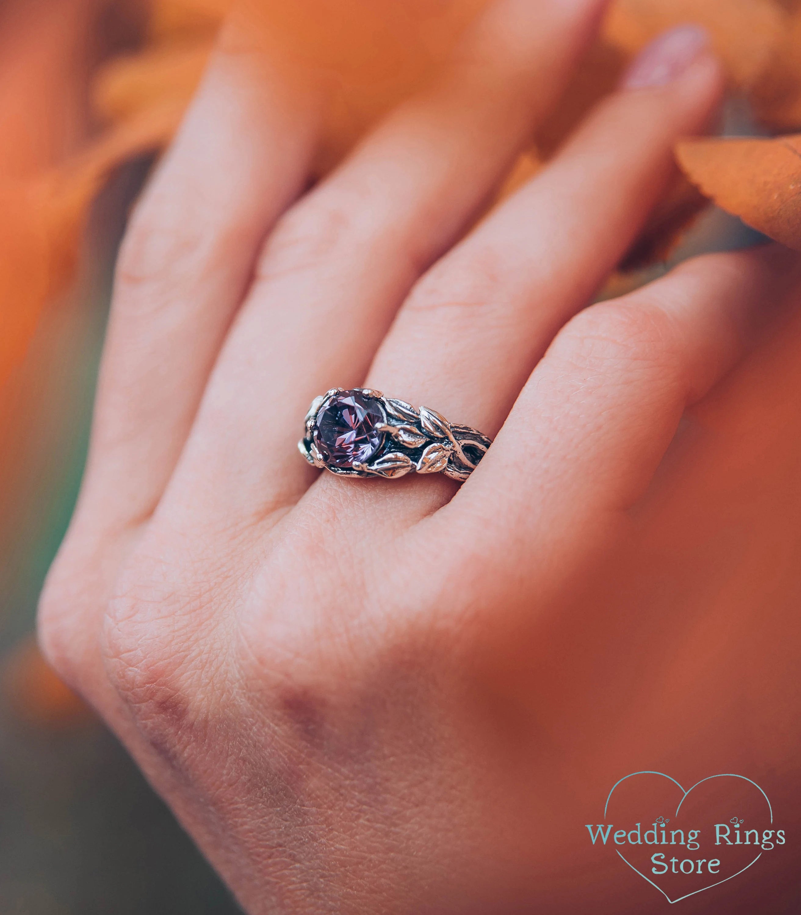 Dazzling Alexandrite Tree Branch and Leaves Silver Engagement Ring