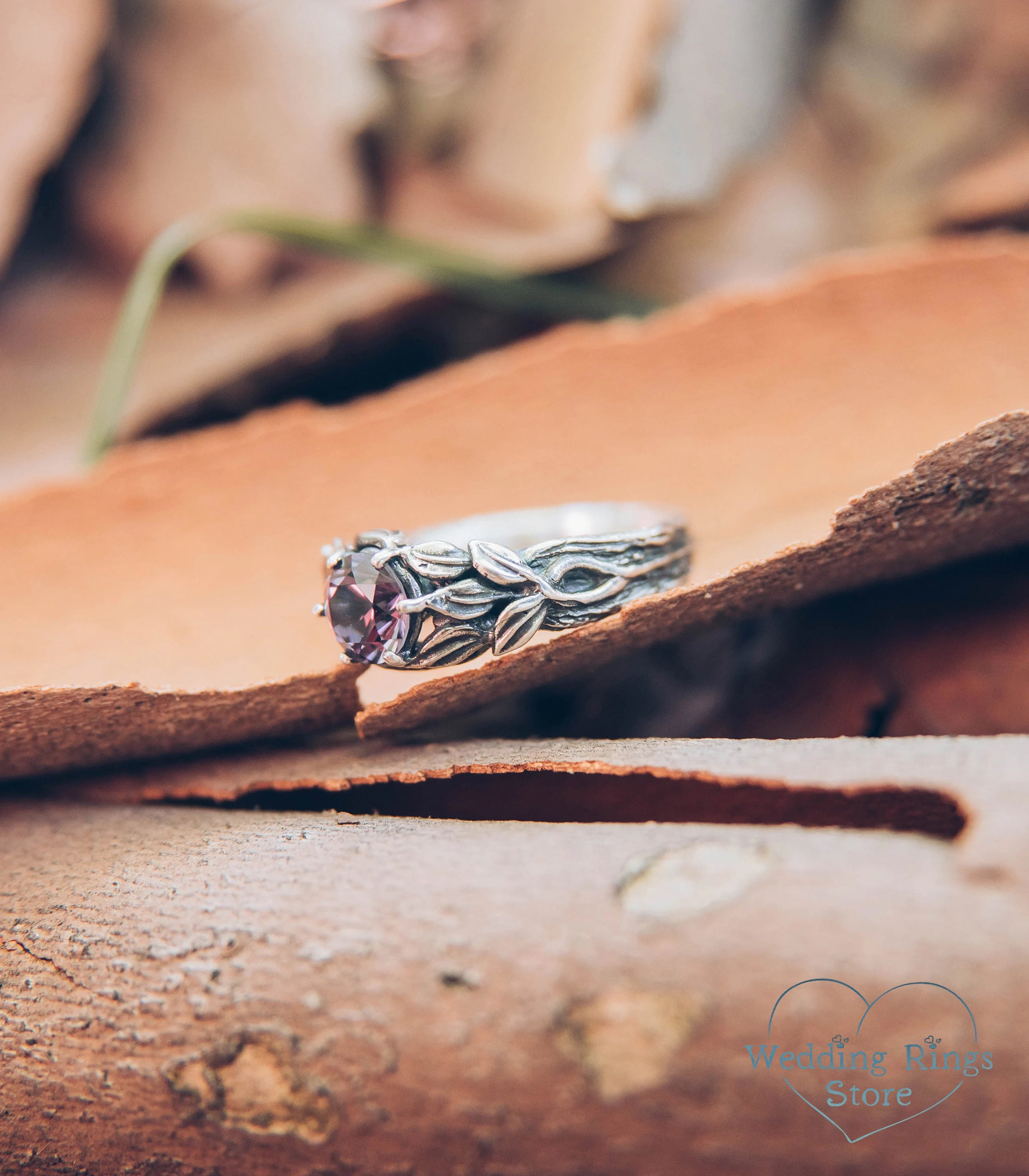 Dazzling Alexandrite Tree Branch and Leaves Silver Engagement Ring