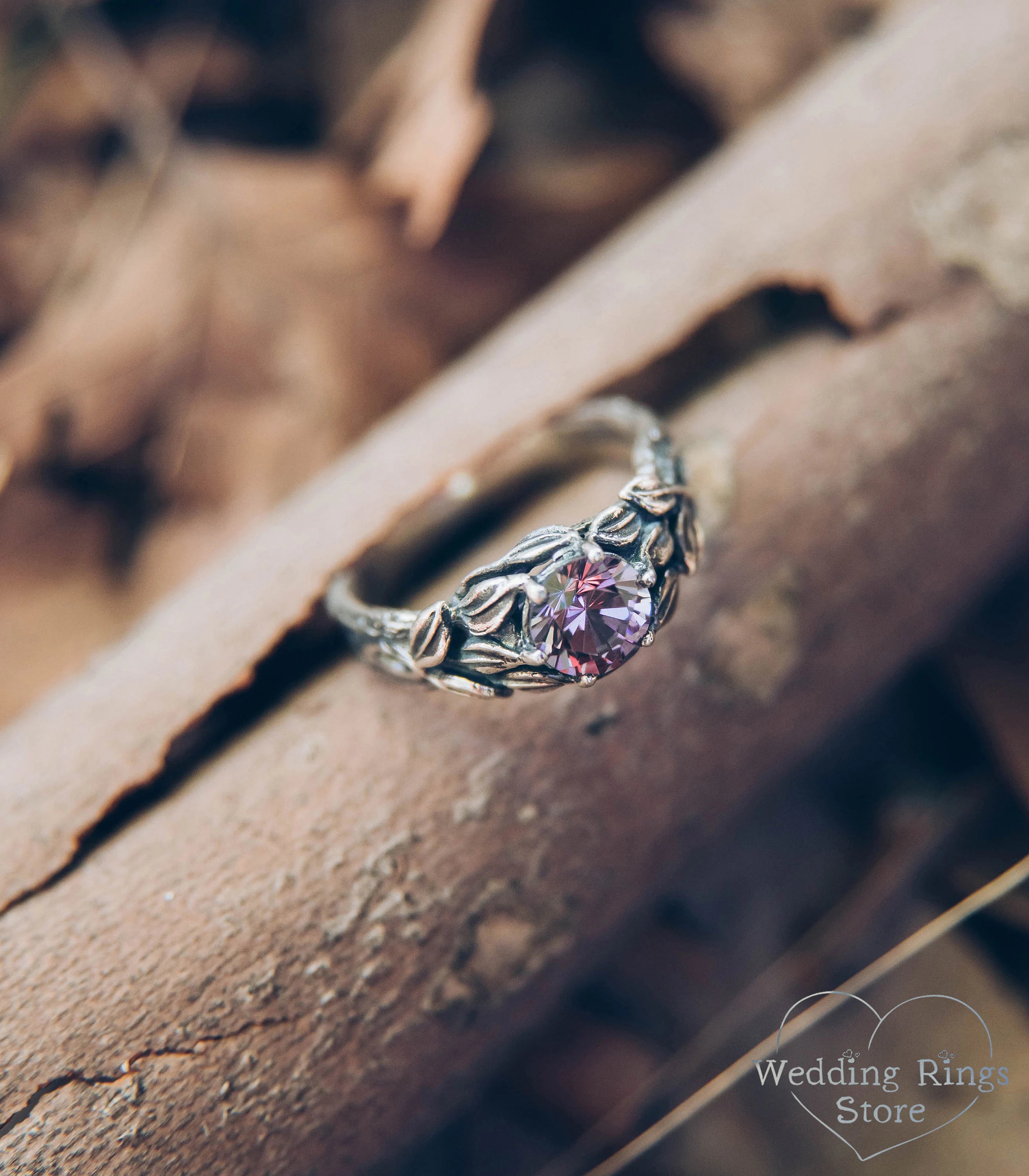 Dazzling Alexandrite Tree Branch and Leaves Silver Engagement Ring